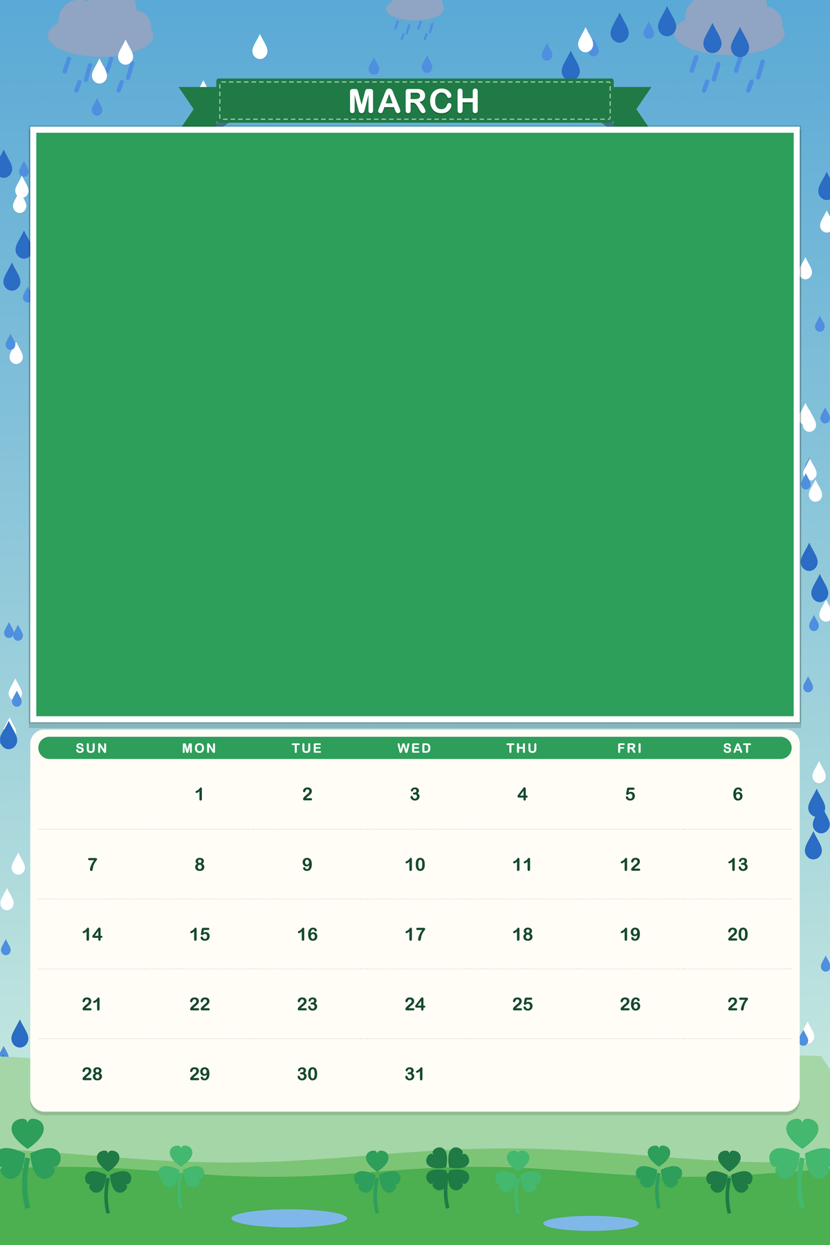 March page of the Personalized Pet Photo Calendar 2027: XL Storybook Seasons, with a photo area above the date grid