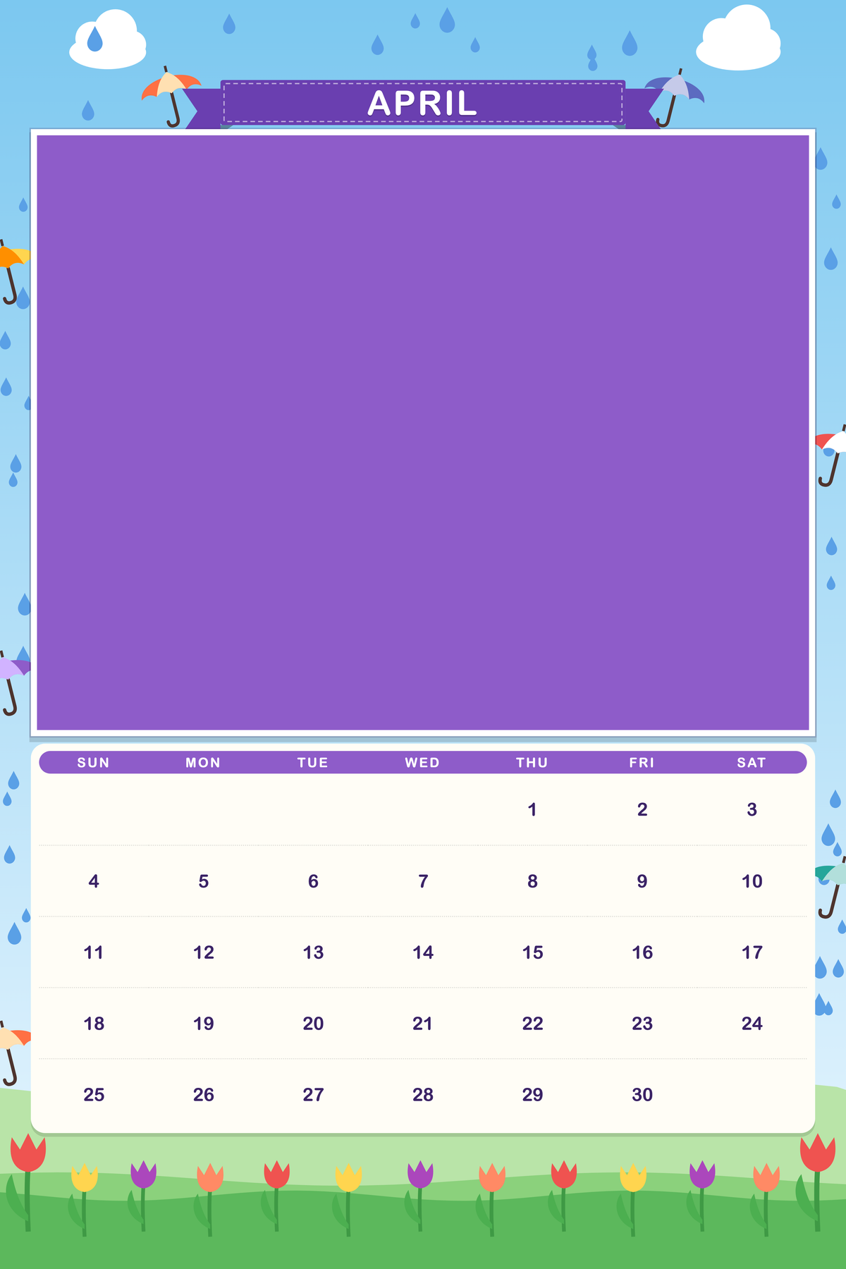 April page of the Personalized Pet Photo Calendar 2027: XL Storybook Seasons, with a photo area above the date grid