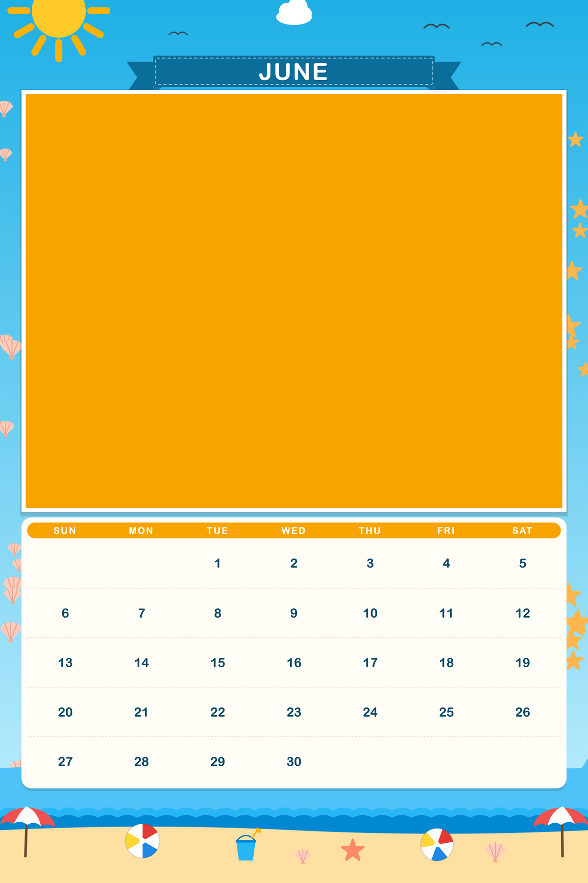 June page of the Personalized Pet Photo Calendar 2027: XL Storybook Seasons, with a photo area above the date grid