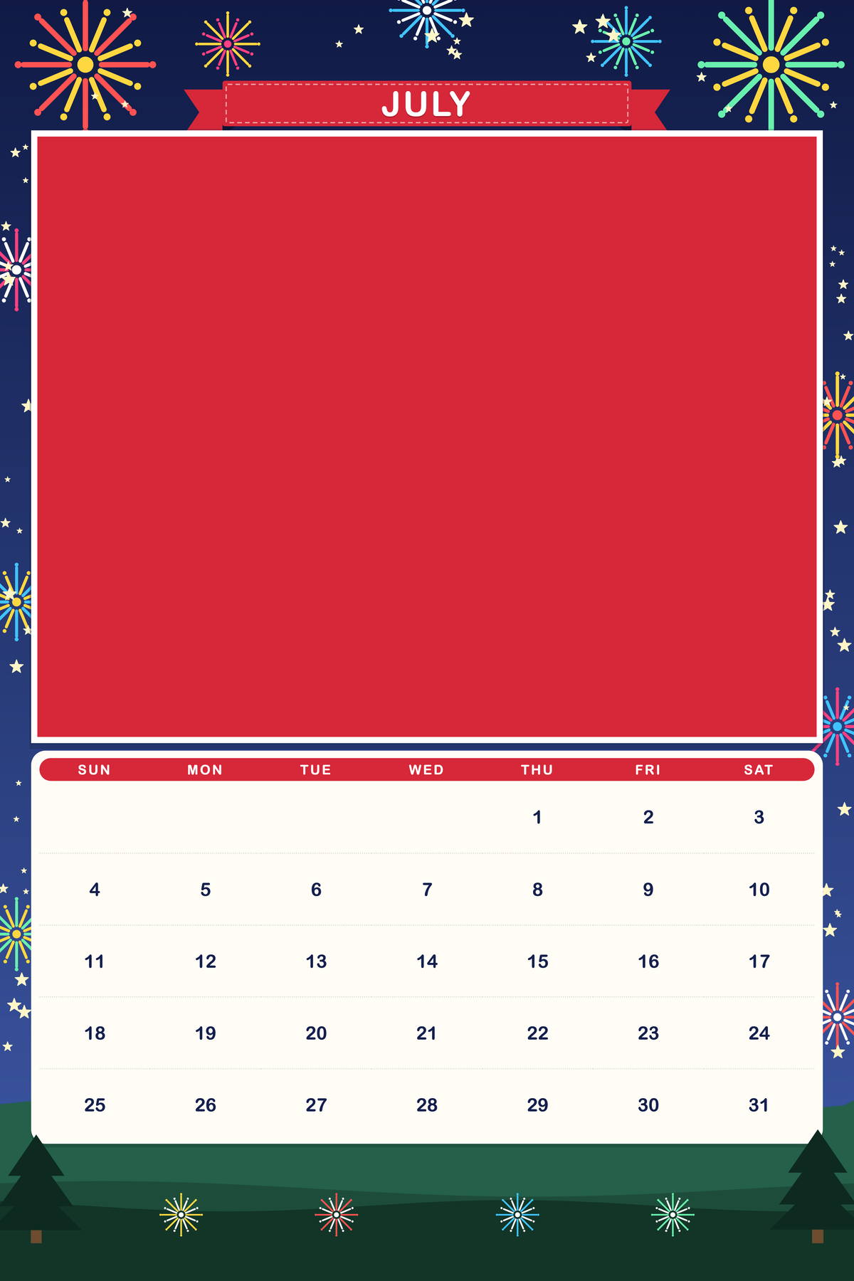 July page of the Personalized Pet Photo Calendar 2027: XL Storybook Seasons, with a photo area above the date grid