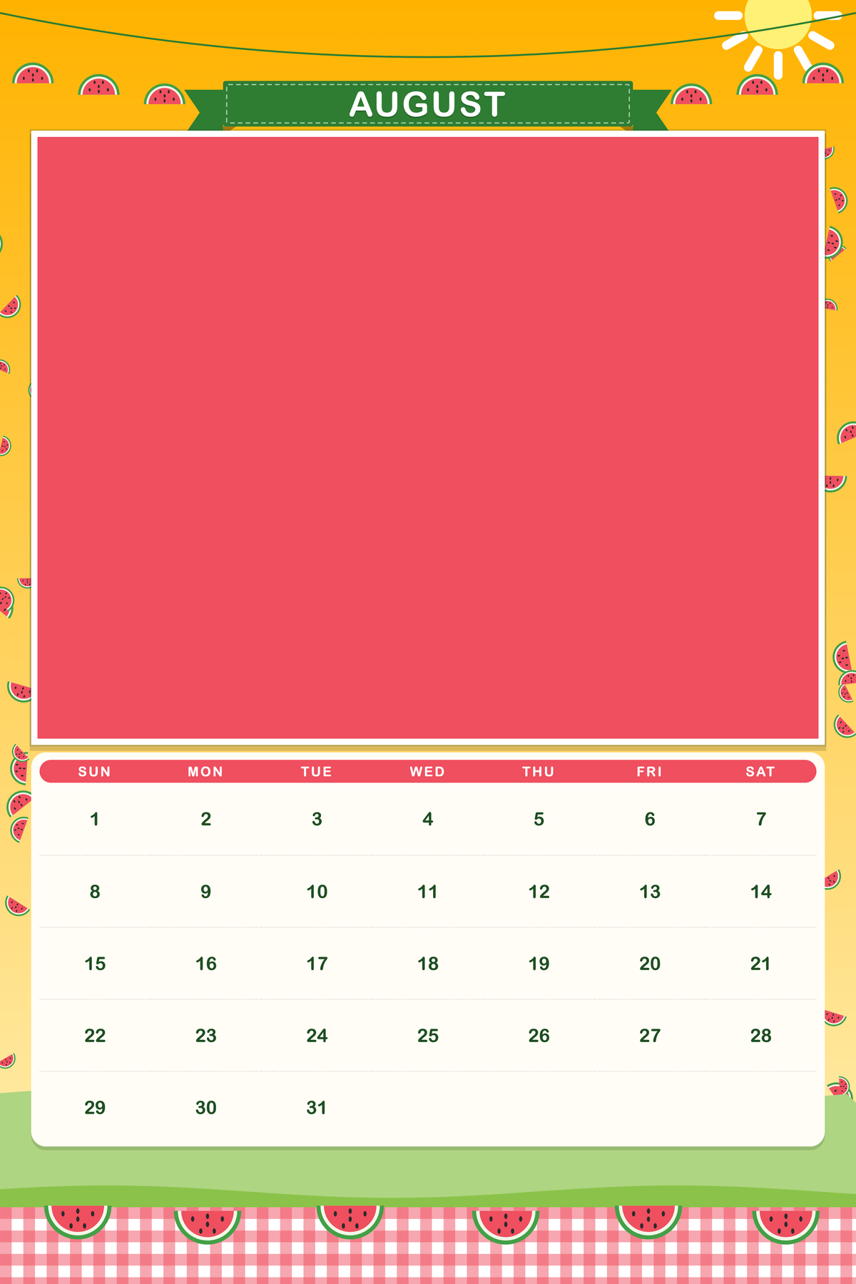 August page of the Personalized Pet Photo Calendar 2027: XL Storybook Seasons, with a photo area above the date grid