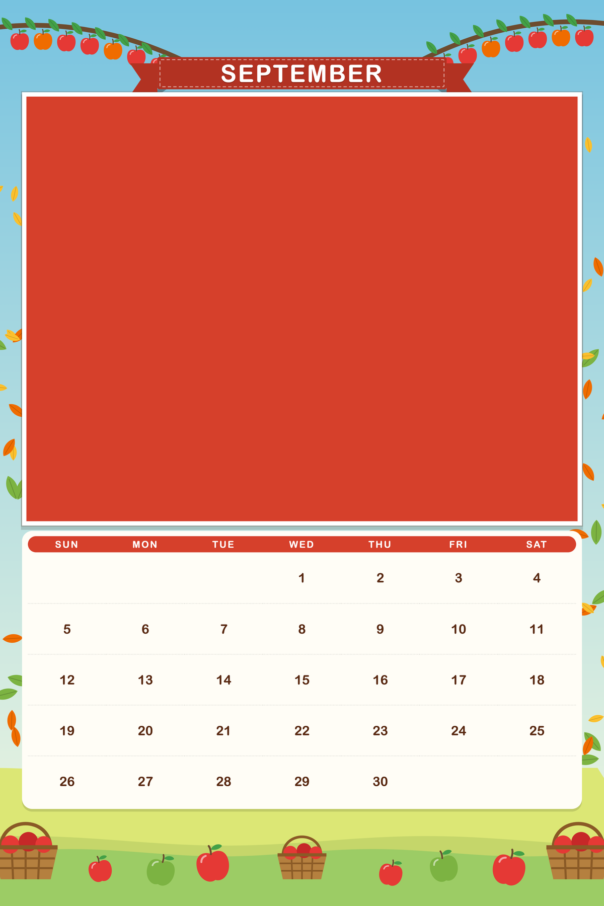 September page of the Personalized Pet Photo Calendar 2027: XL Storybook Seasons, with a photo area above the date grid