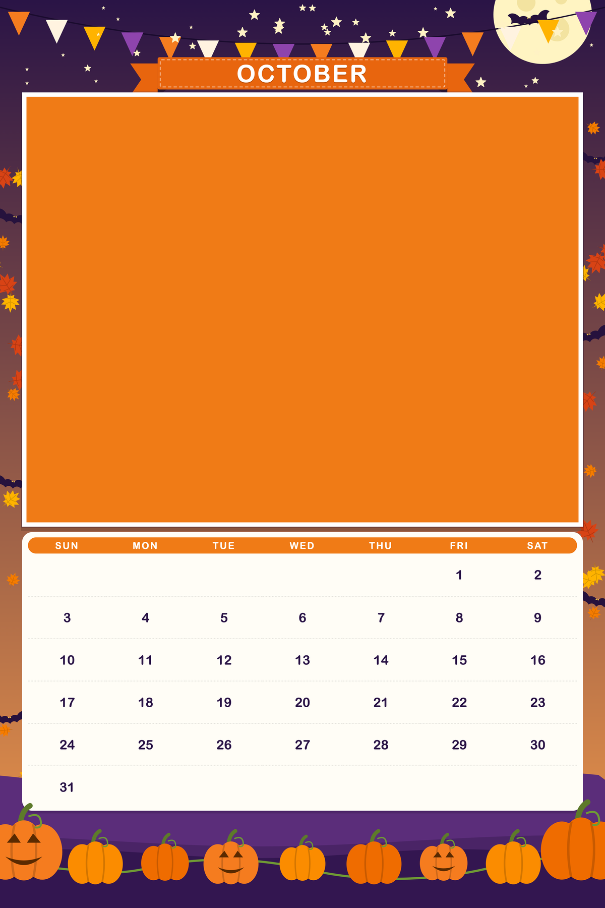 October page of the Personalized Pet Photo Calendar 2027: XL Storybook Seasons, with a photo area above the date grid