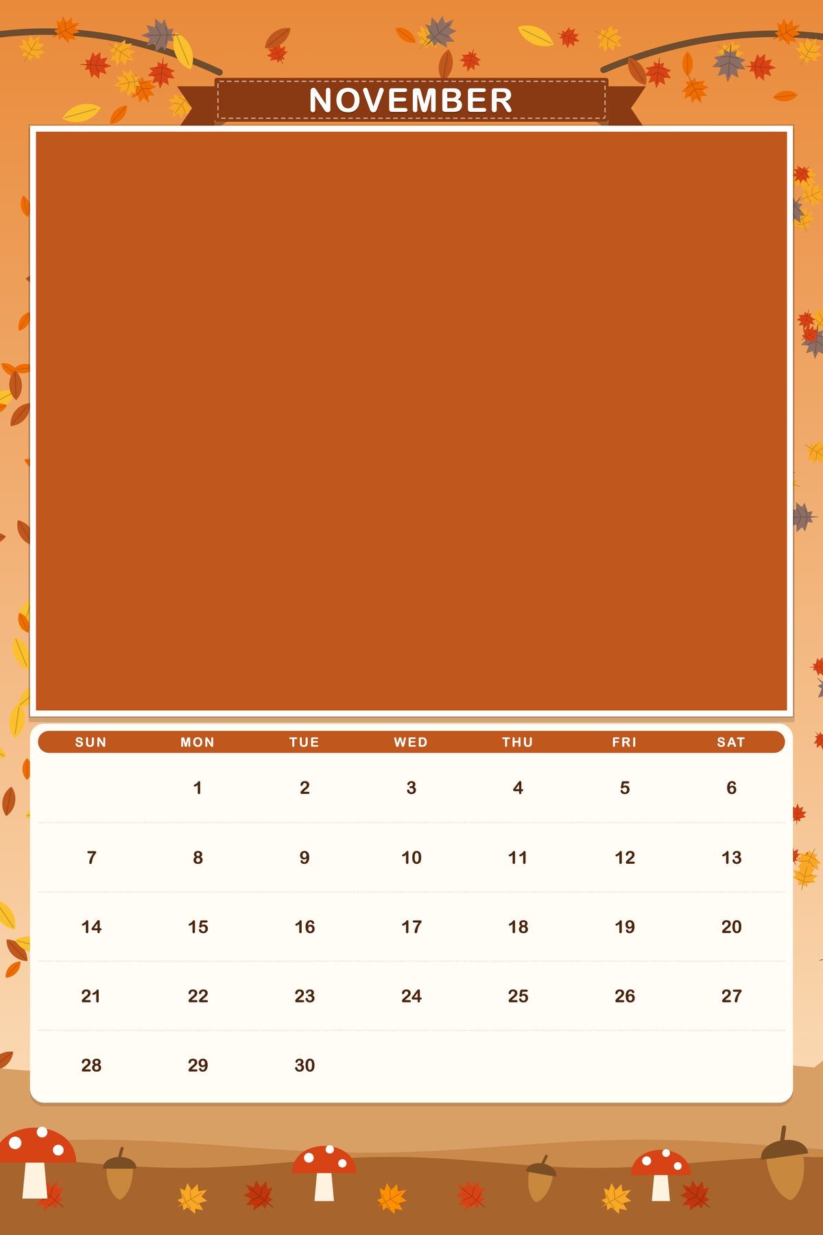 November page of the Personalized Pet Photo Calendar 2027: XL Storybook Seasons, with a photo area above the date grid