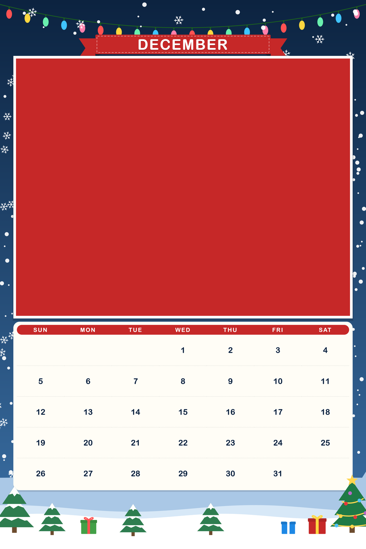 December page of the Personalized Pet Photo Calendar 2027: XL Storybook Seasons, with a photo area above the date grid
