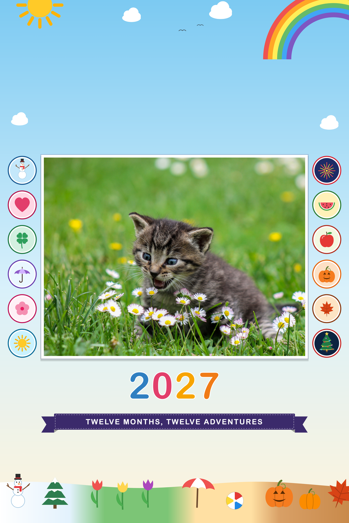Personalized Pet Photo Calendar 2027: XL Storybook Seasons, shown with a sample pet photo on the cover