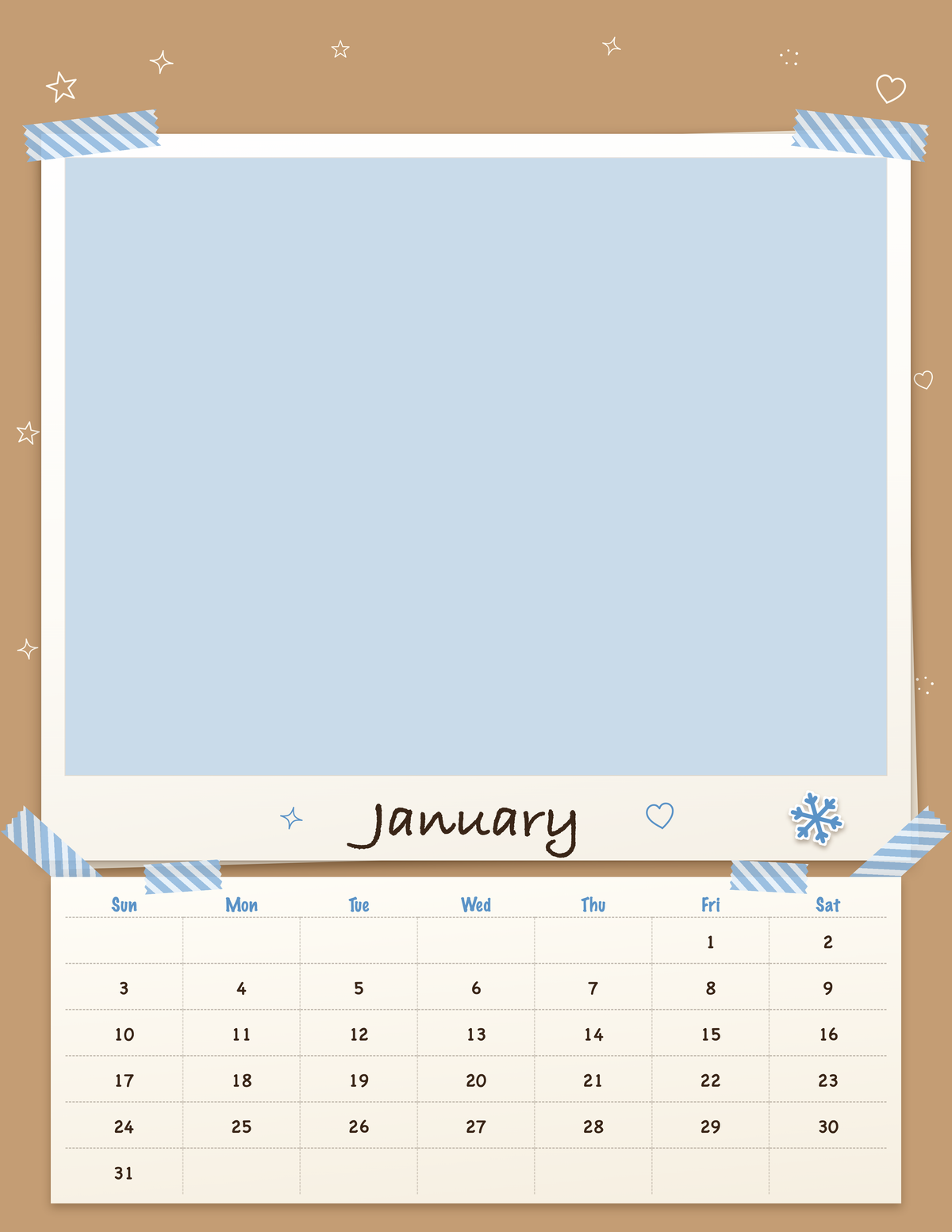 January page of the Personalized Pet Photo Calendar 2027: Scrapbook Snapshot, with a photo area above the date grid
