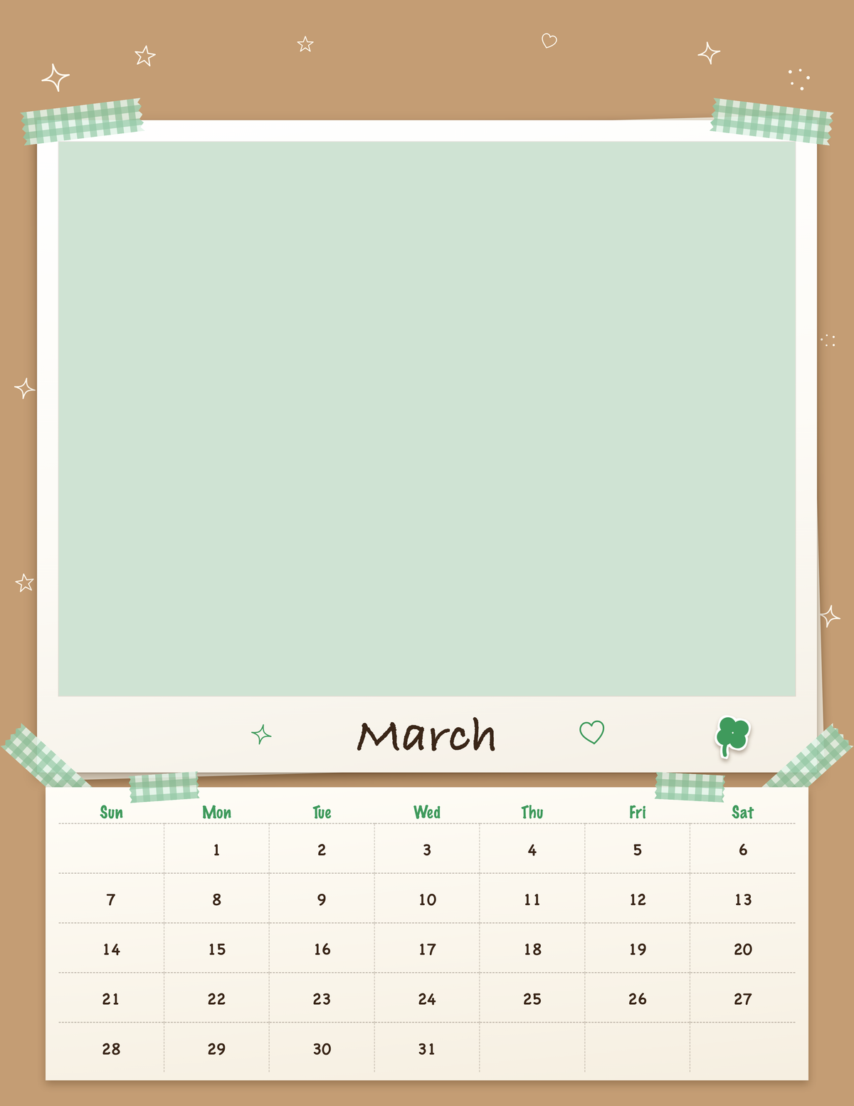 March page of the Personalized Pet Photo Calendar 2027: Scrapbook Snapshot, with a photo area above the date grid