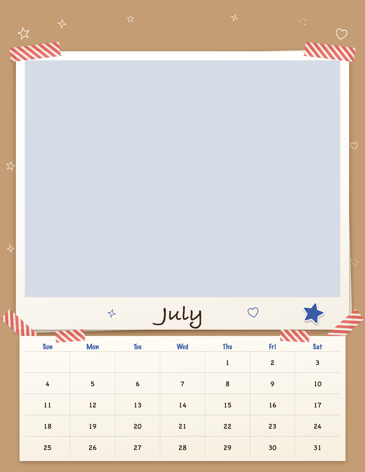 July page of the Personalized Pet Photo Calendar 2027: Scrapbook Snapshot, with a photo area above the date grid