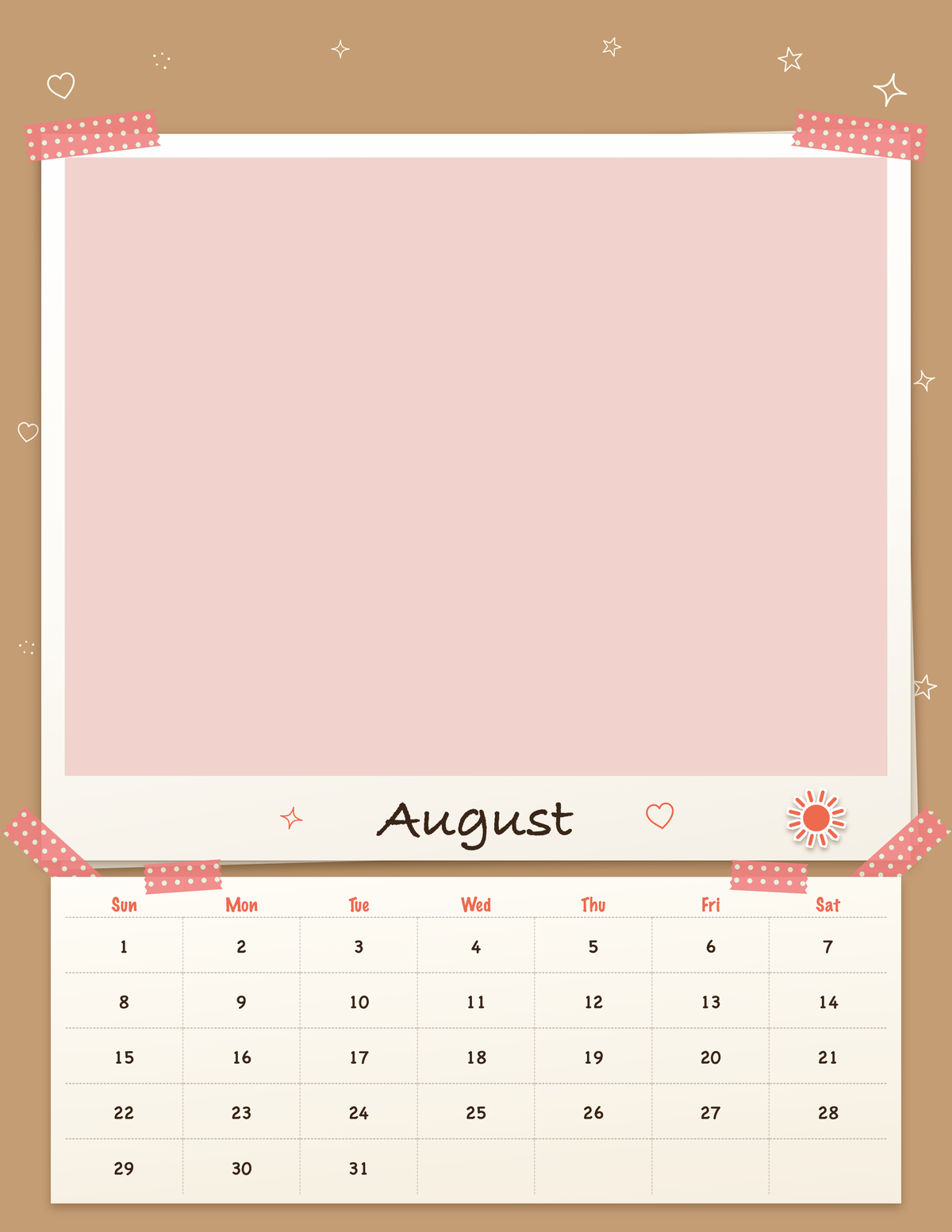 August page of the Personalized Pet Photo Calendar 2027: Scrapbook Snapshot, with a photo area above the date grid