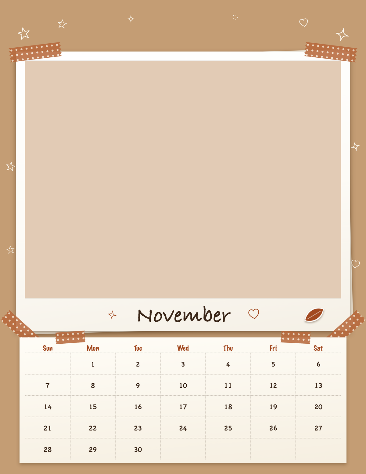 November page of the Personalized Pet Photo Calendar 2027: Scrapbook Snapshot, with a photo area above the date grid