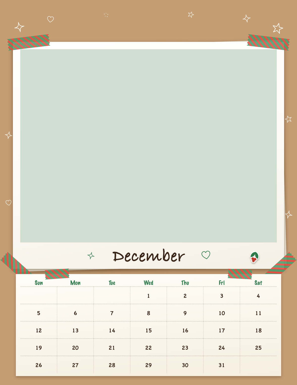 December page of the Personalized Pet Photo Calendar 2027: Scrapbook Snapshot, with a photo area above the date grid