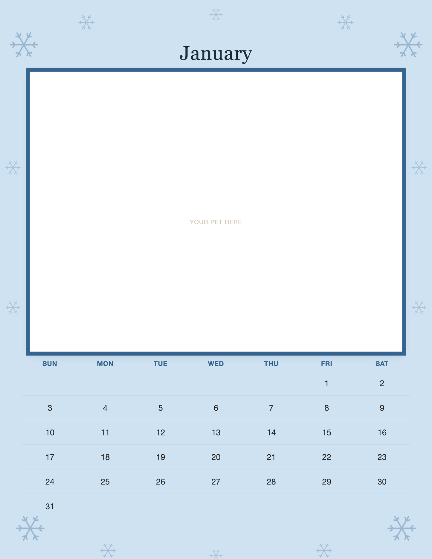January page of the Personalized Pet Photo Wall Calendar 2027, with a photo area above the date grid