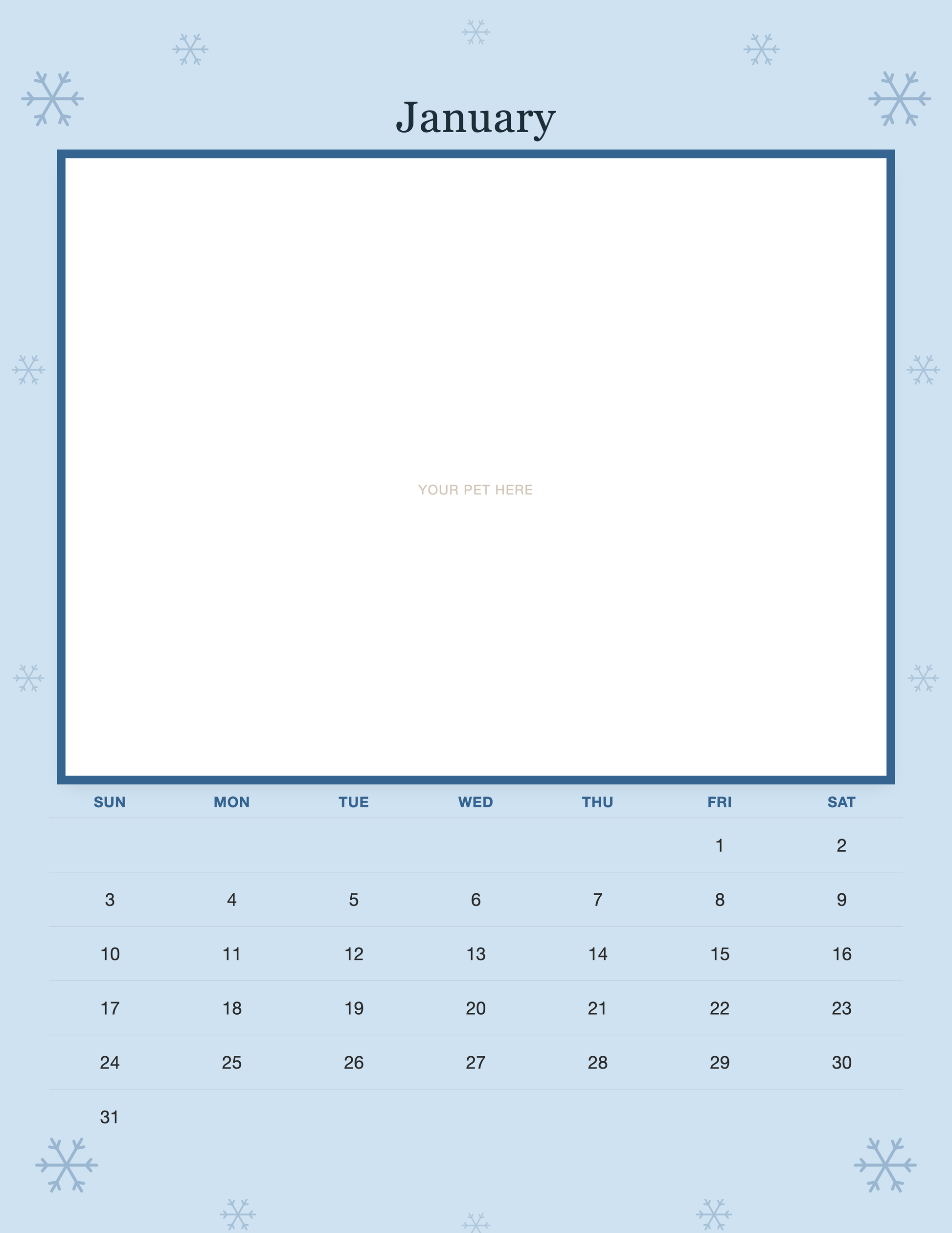January page of the Personalized Pet Photo Wall Calendar 2027, with a photo area above the date grid