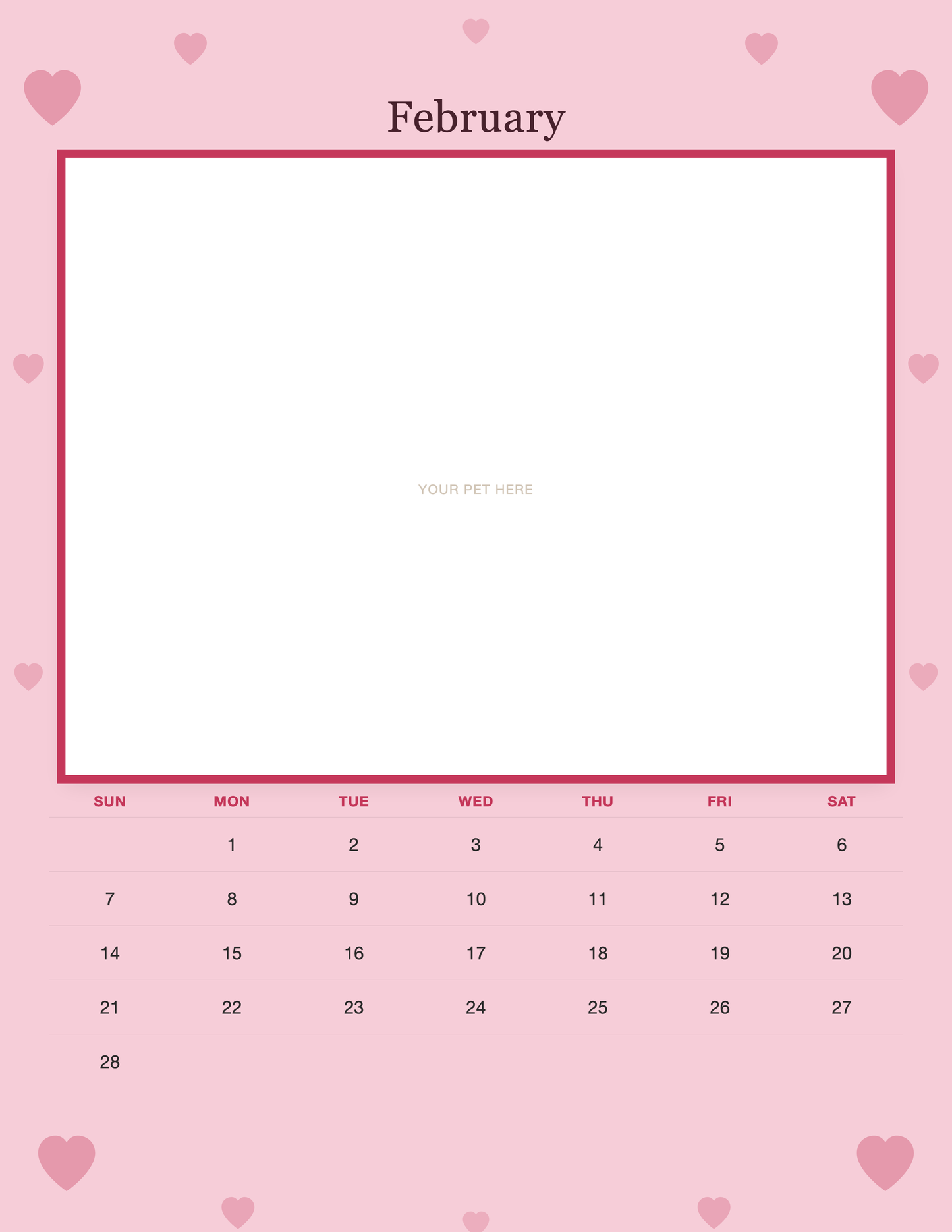 February page of the Personalized Pet Photo Wall Calendar 2027, with a photo area above the date grid