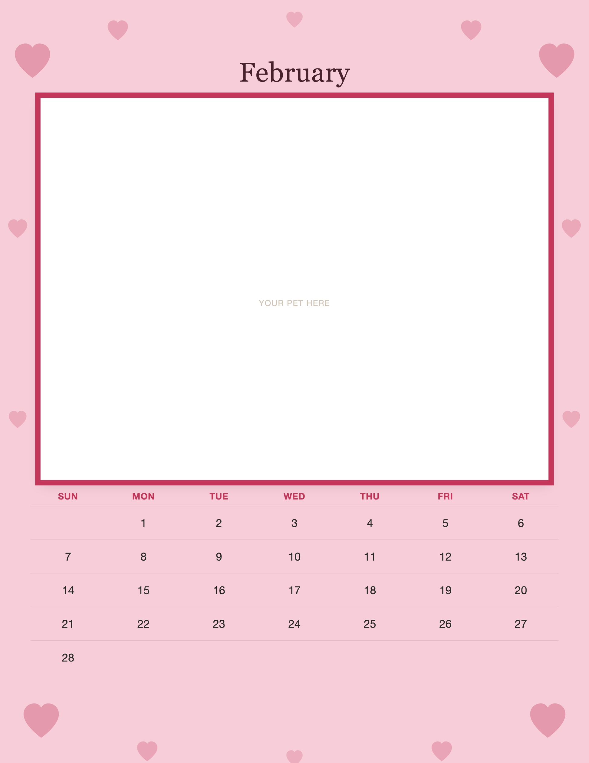 February page of the Personalized Pet Photo Wall Calendar 2027, with a photo area above the date grid