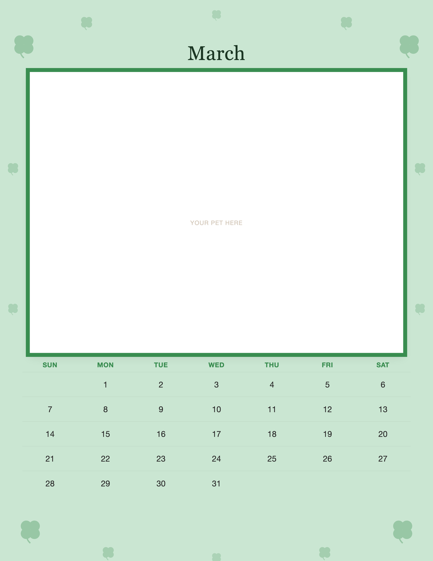 March page of the Personalized Pet Photo Wall Calendar 2027, with a photo area above the date grid