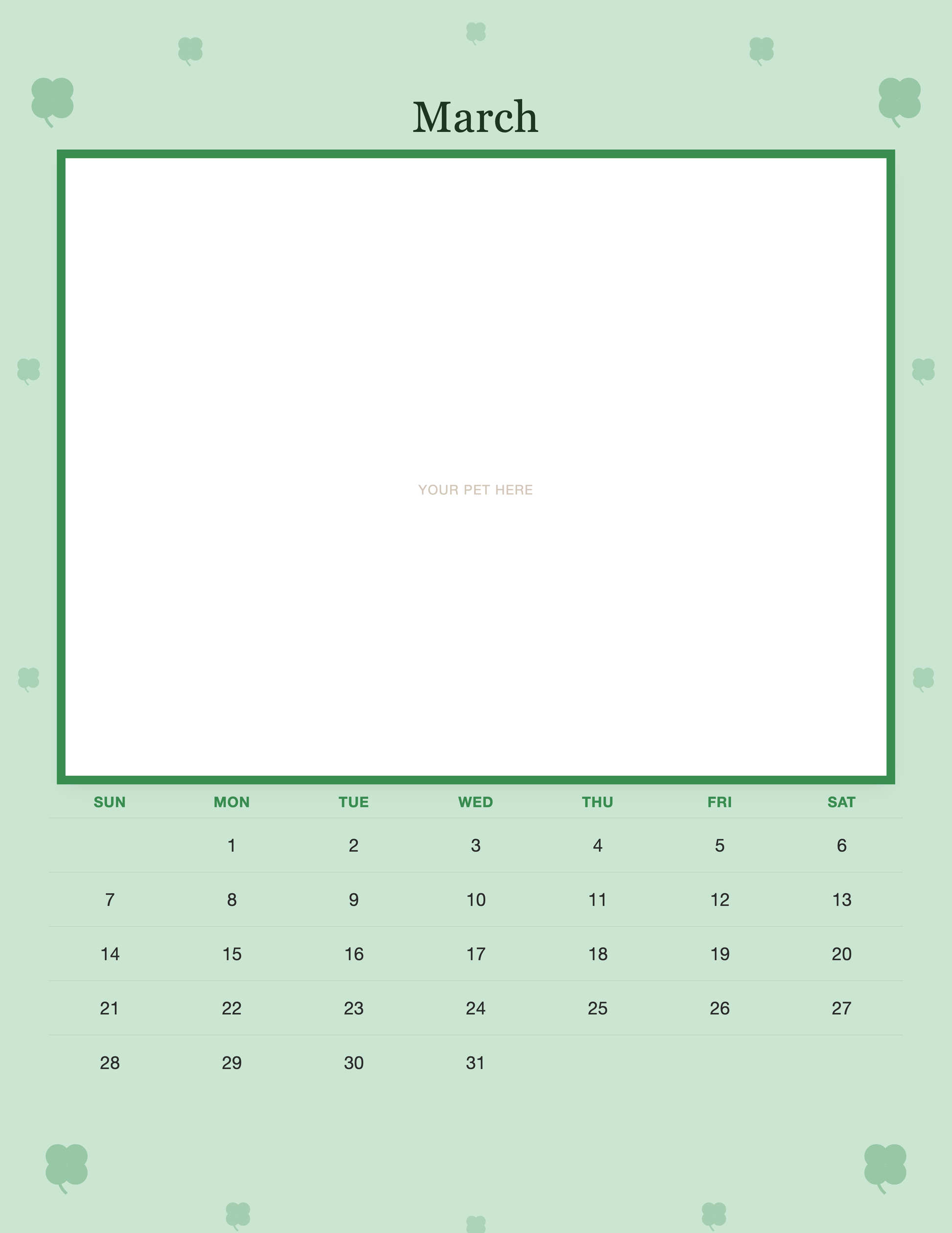 March page of the Personalized Pet Photo Wall Calendar 2027, with a photo area above the date grid