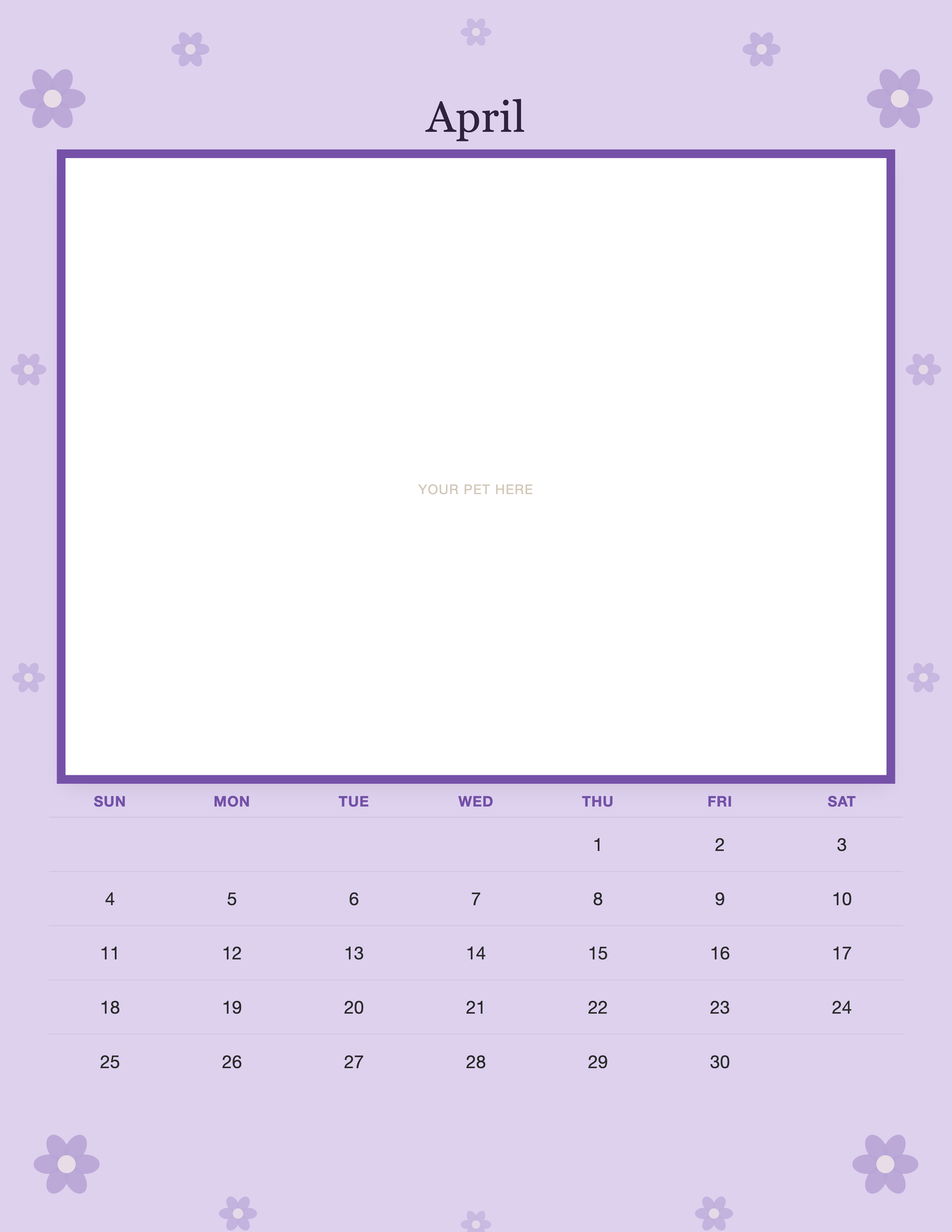 April page of the Personalized Pet Photo Wall Calendar 2027, with a photo area above the date grid