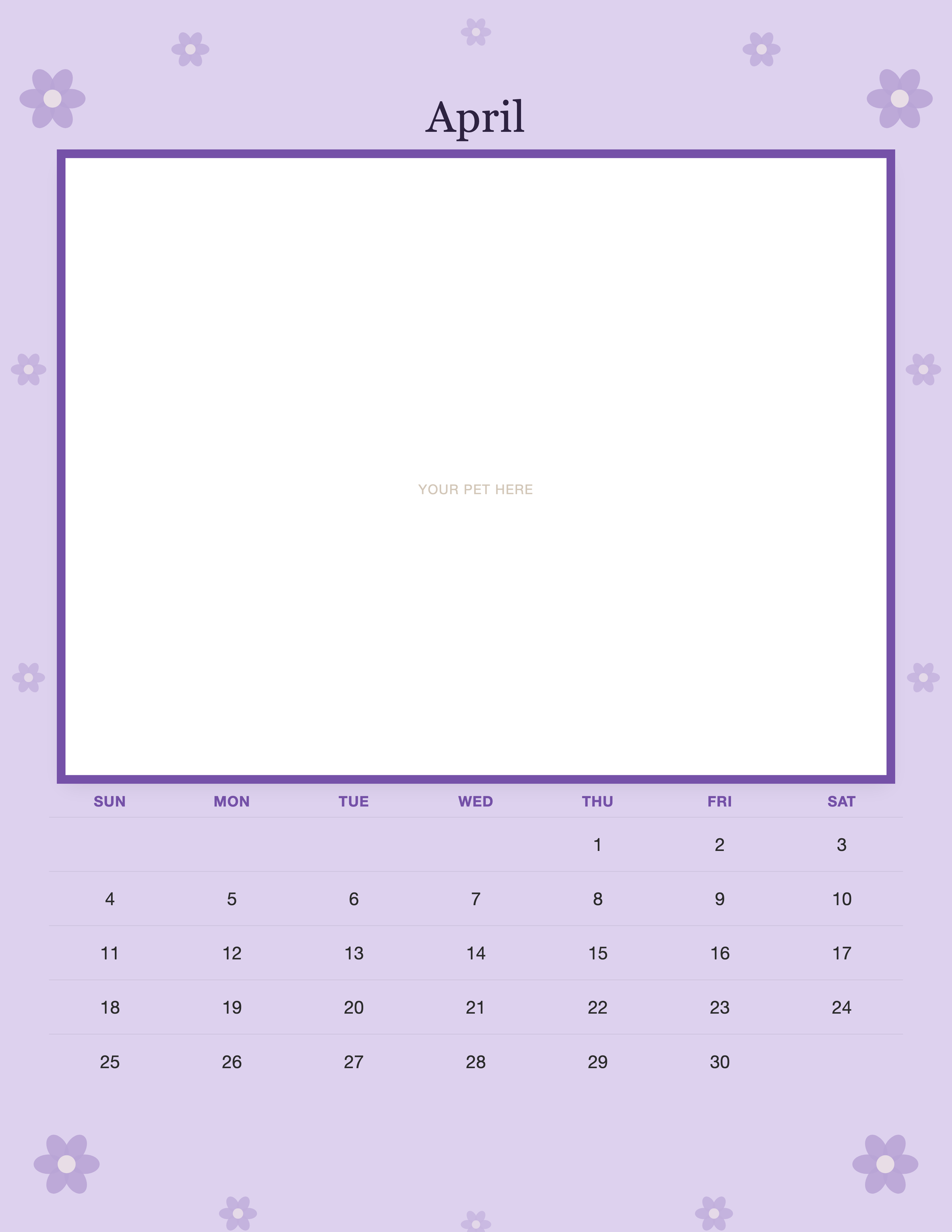 April page of the Personalized Pet Photo Wall Calendar 2027, with a photo area above the date grid