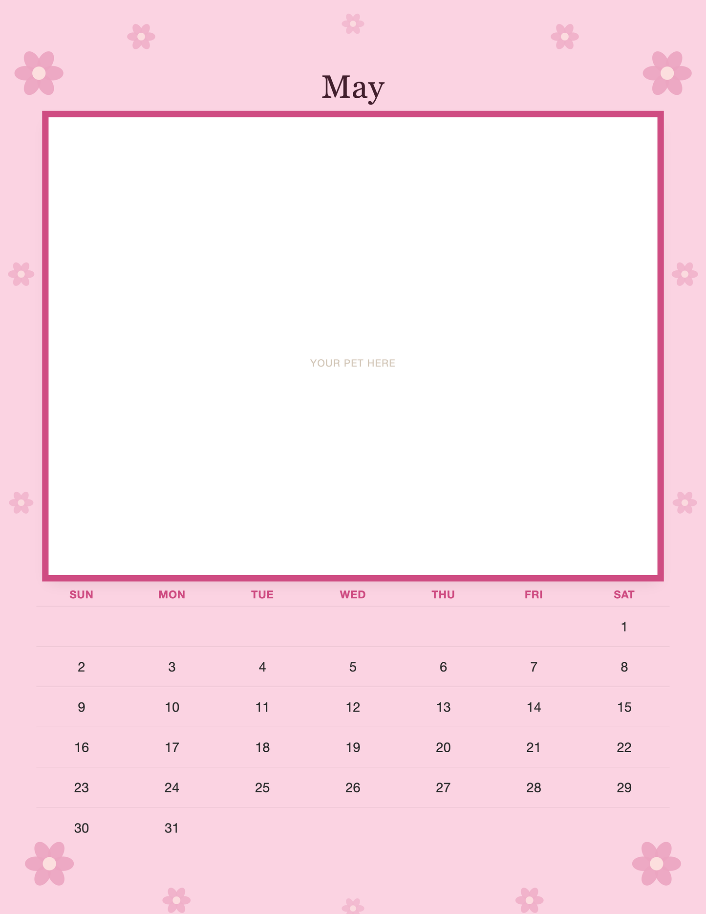 May page of the Personalized Pet Photo Wall Calendar 2027, with a photo area above the date grid
