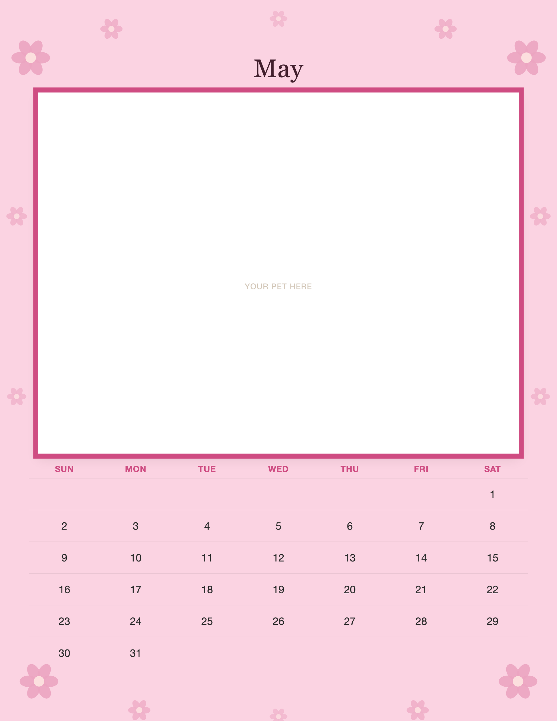 May page of the Personalized Pet Photo Wall Calendar 2027, with a photo area above the date grid