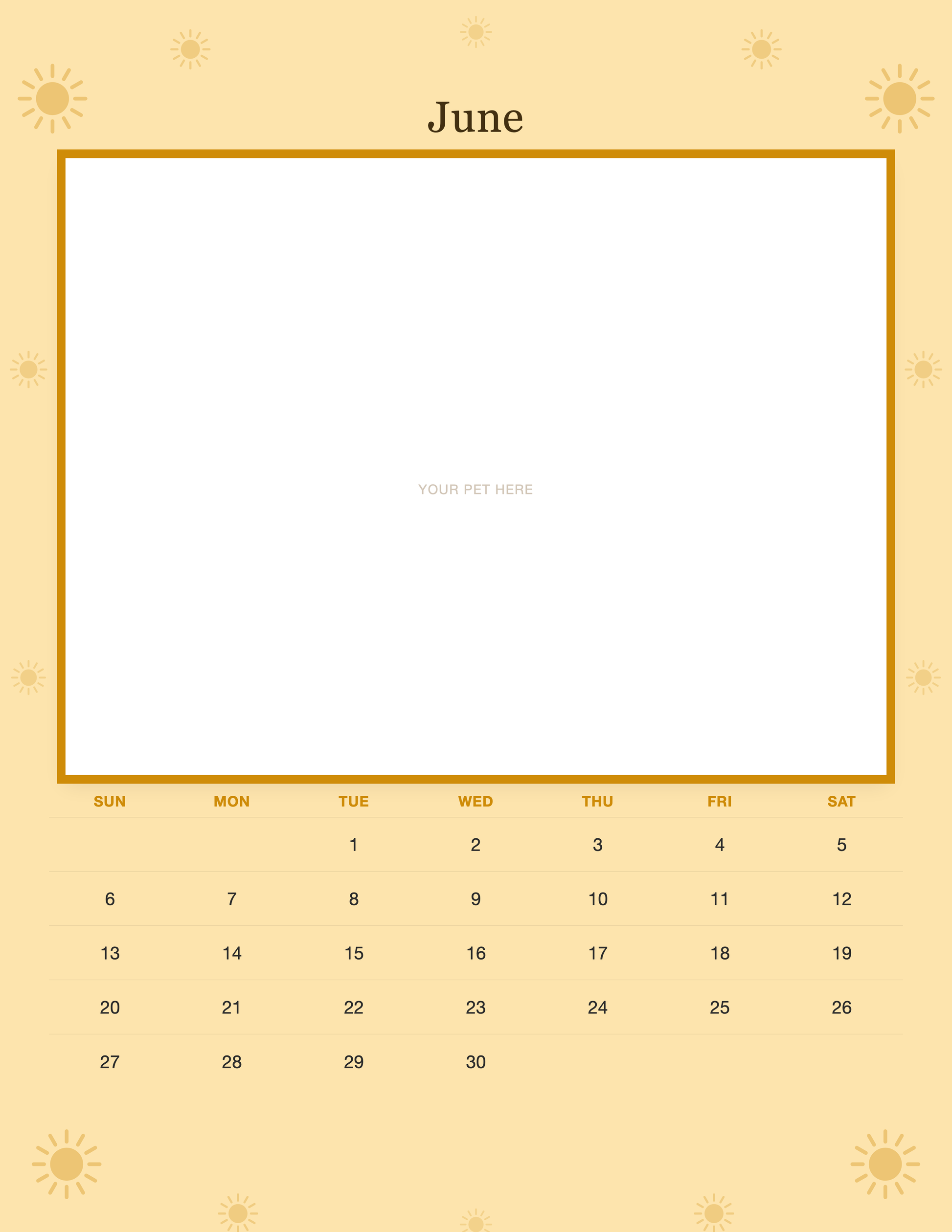 June page of the Personalized Pet Photo Wall Calendar 2027, with a photo area above the date grid