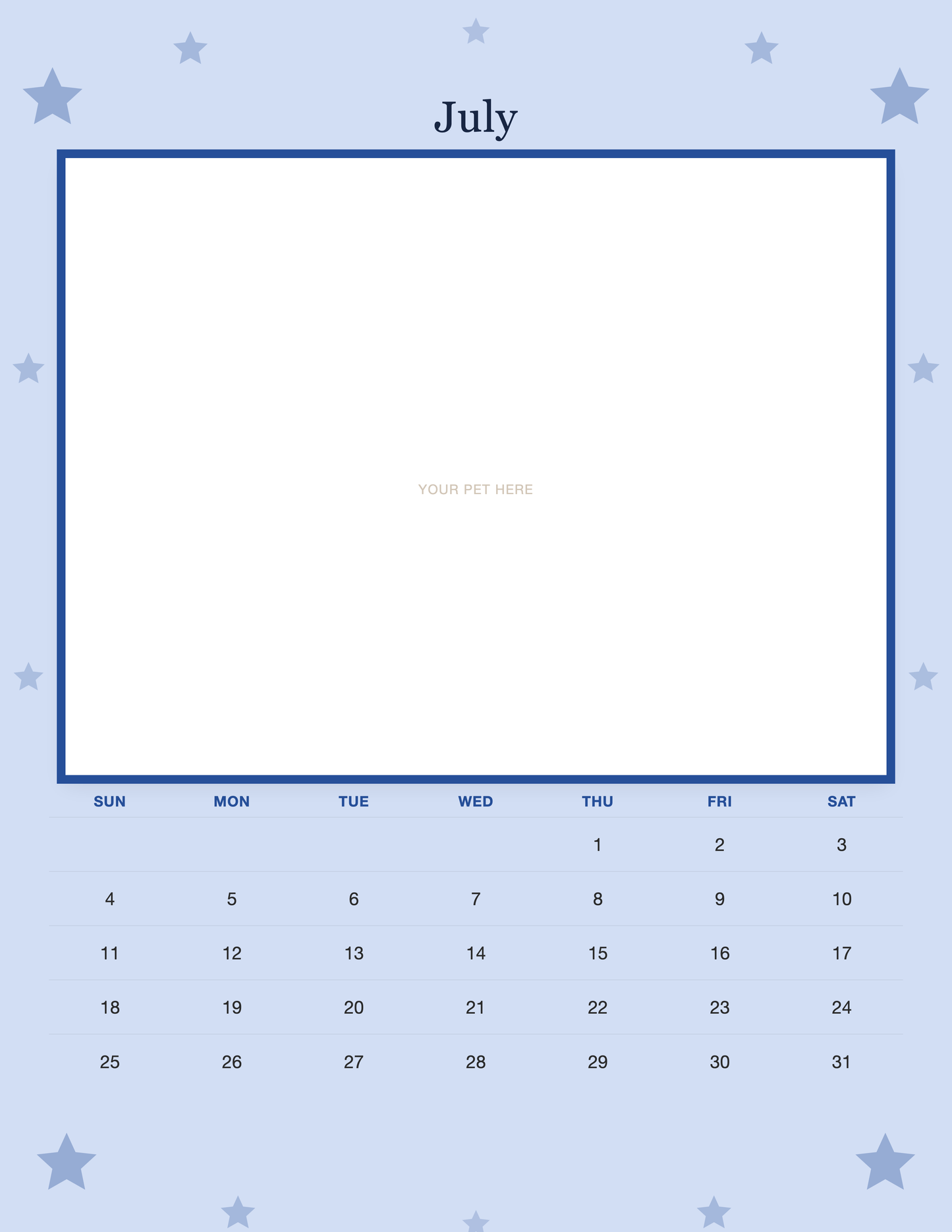 July page of the Personalized Pet Photo Wall Calendar 2027, with a photo area above the date grid