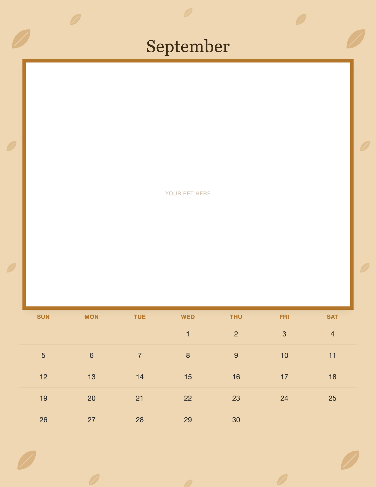 September page of the Personalized Pet Photo Wall Calendar 2027, with a photo area above the date grid