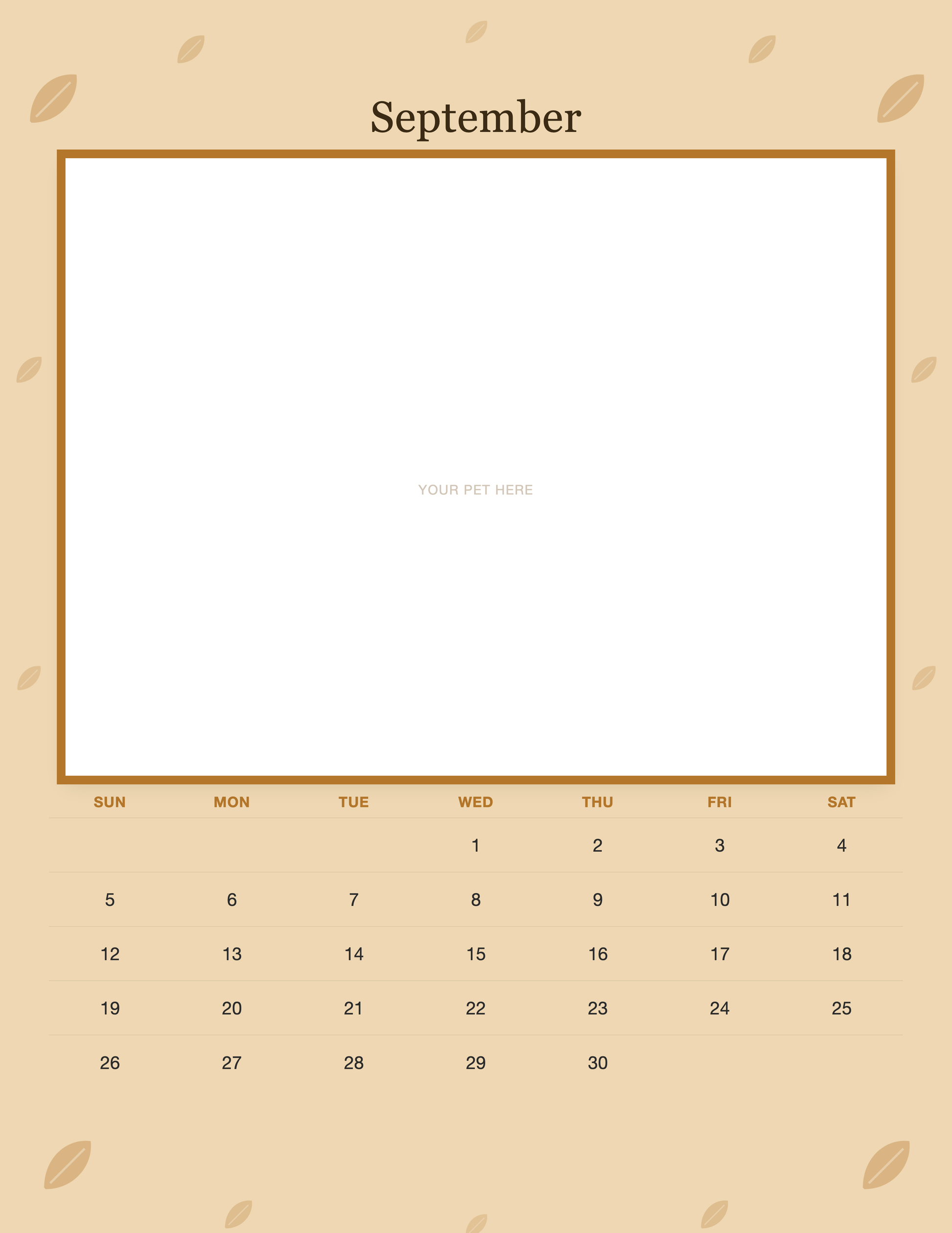 September page of the Personalized Pet Photo Wall Calendar 2027, with a photo area above the date grid
