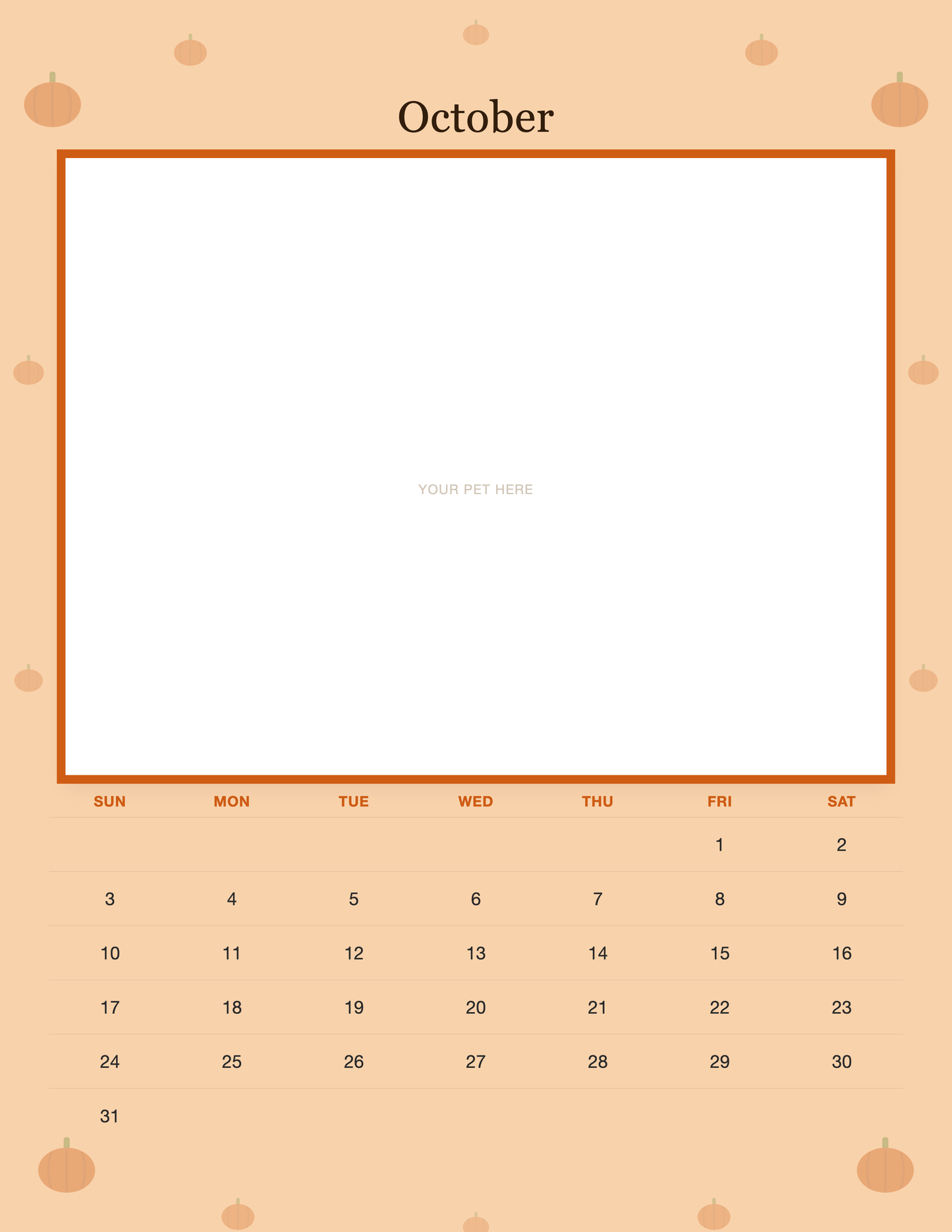 October page of the Personalized Pet Photo Wall Calendar 2027, with a photo area above the date grid