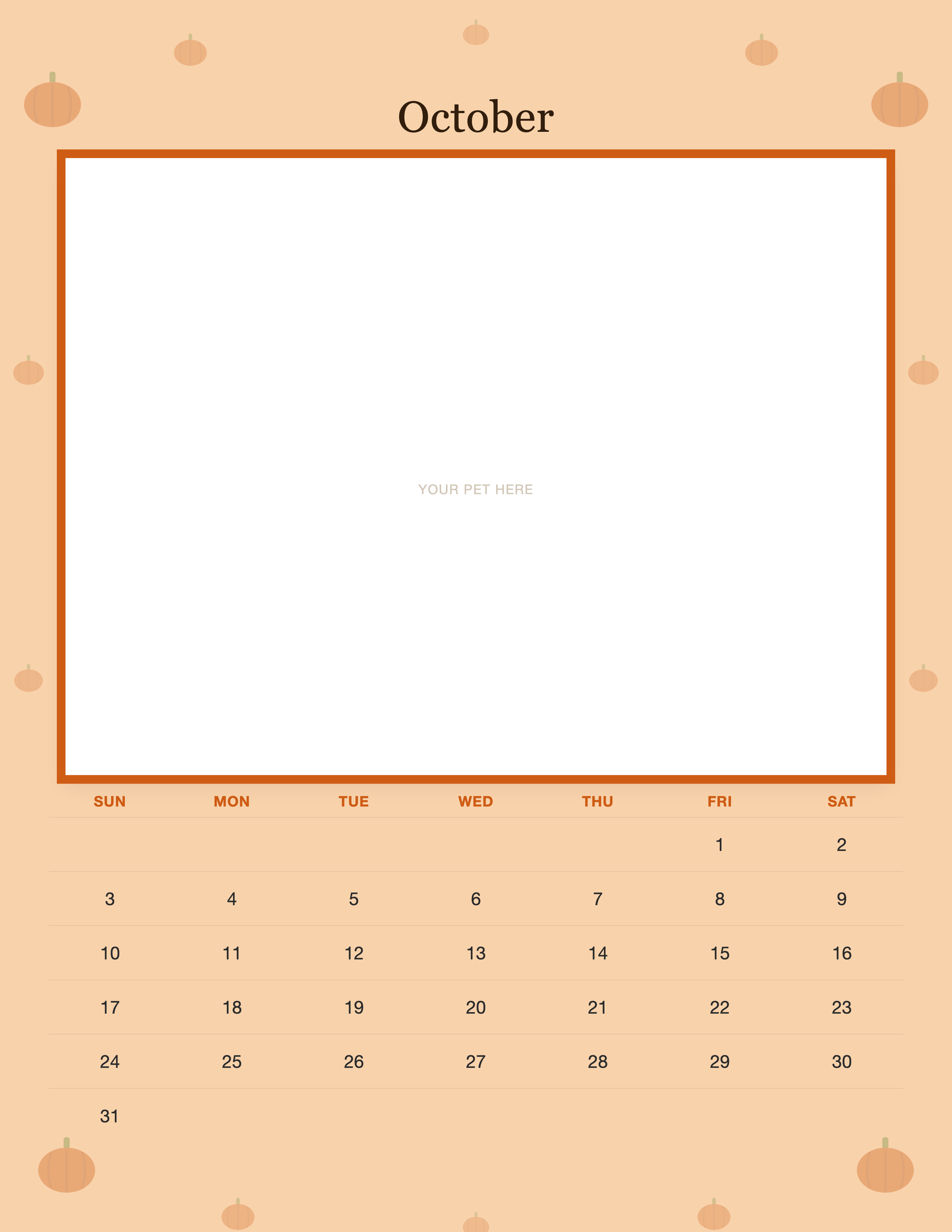 October page of the Personalized Pet Photo Wall Calendar 2027, with a photo area above the date grid
