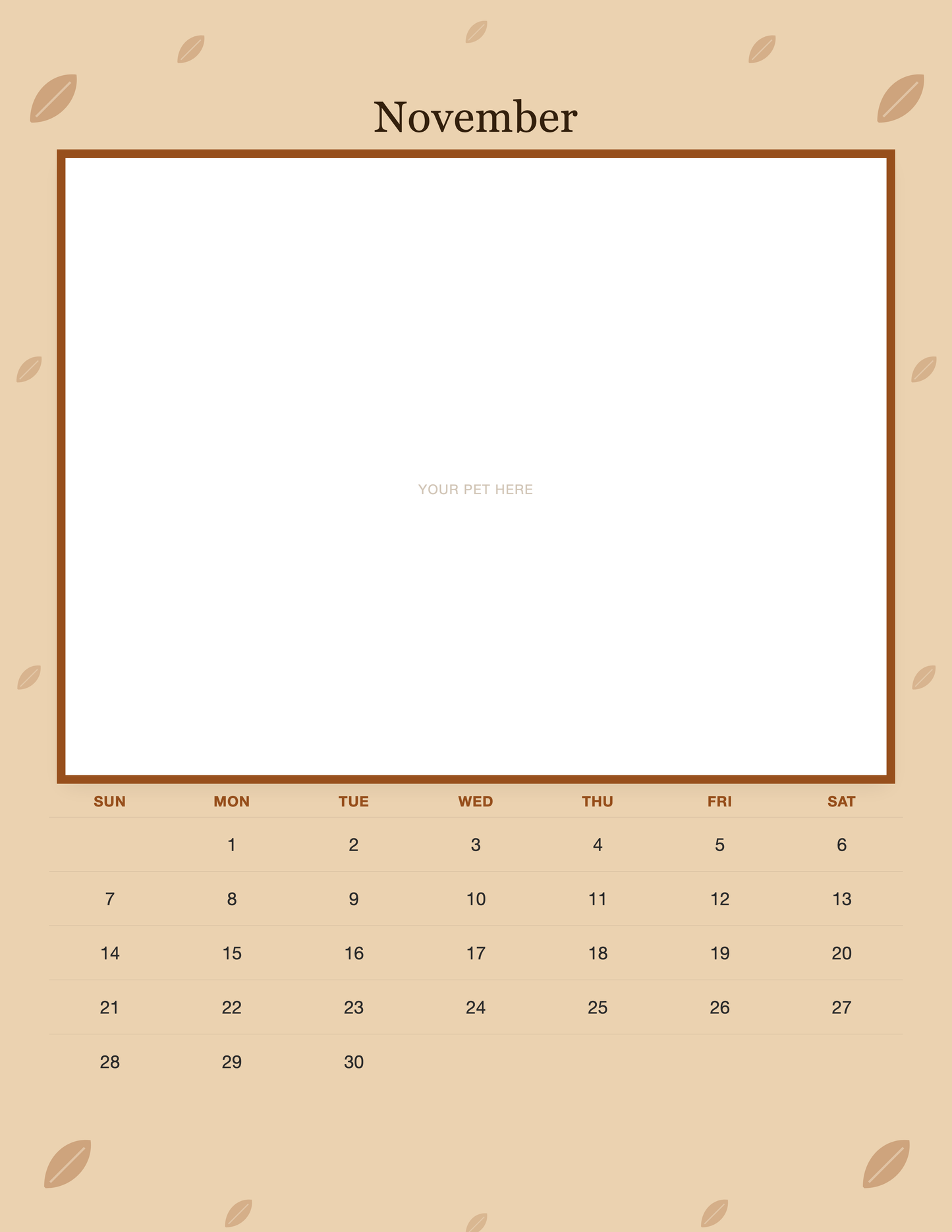 November page of the Personalized Pet Photo Wall Calendar 2027, with a photo area above the date grid