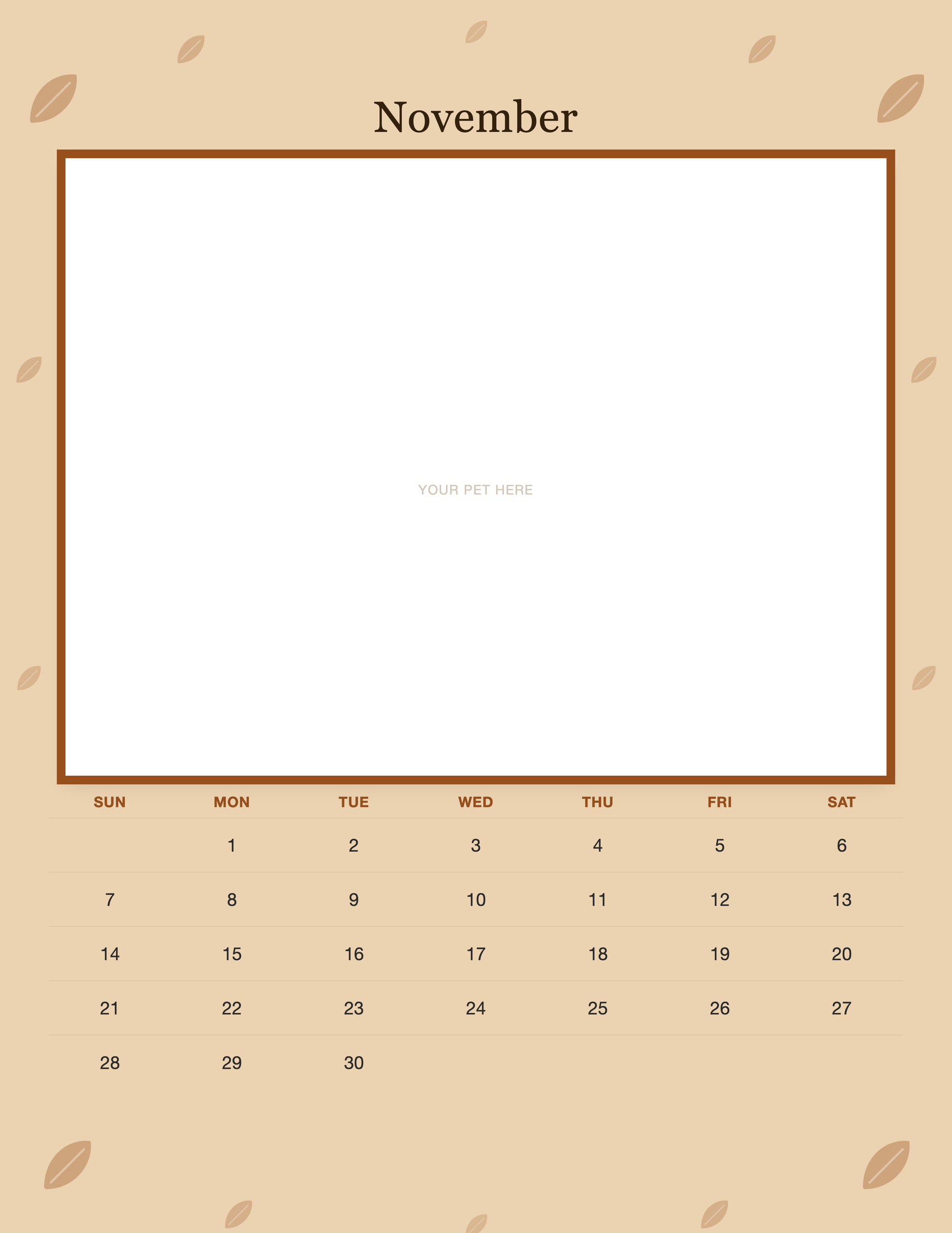 November page of the Personalized Pet Photo Wall Calendar 2027, with a photo area above the date grid