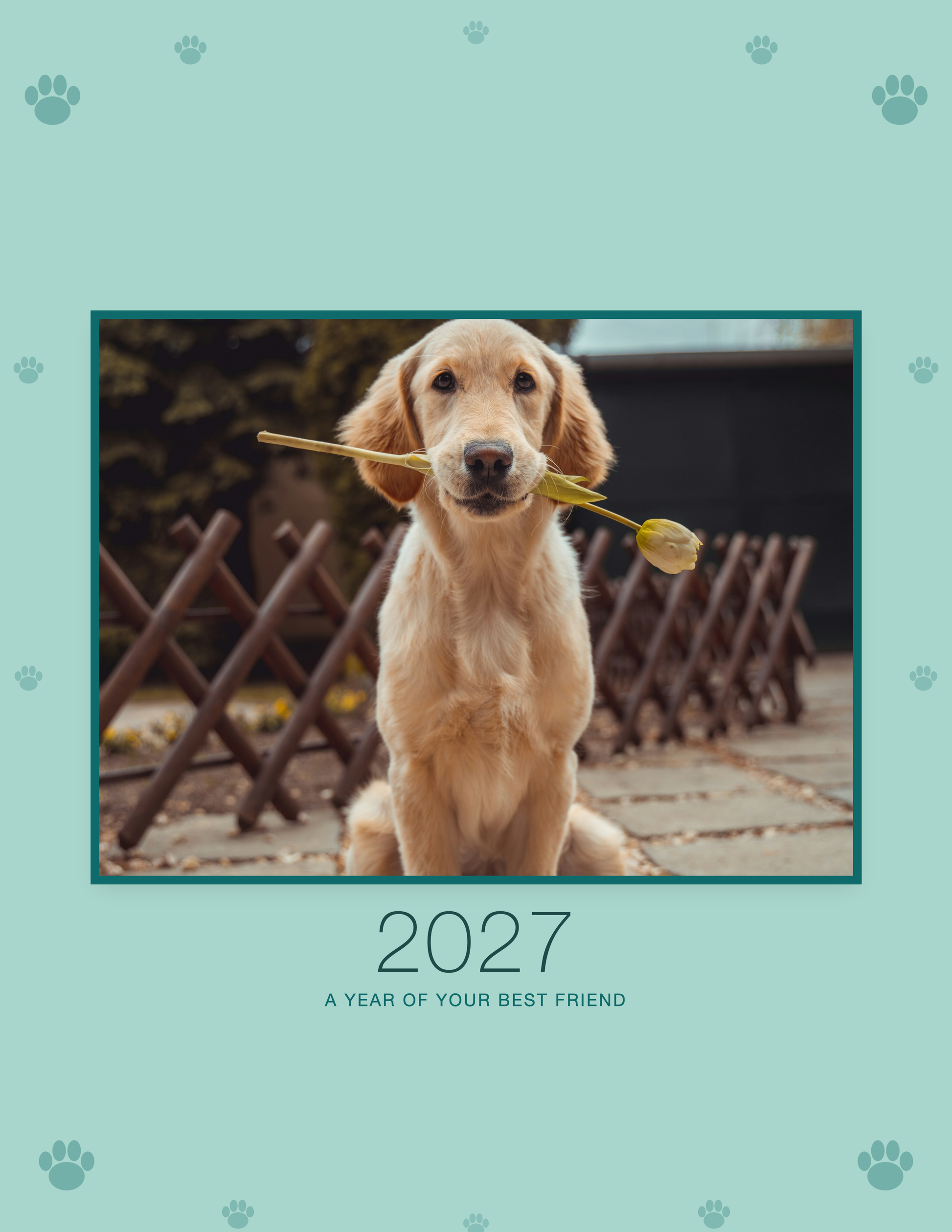 Personalized Pet Photo Wall Calendar 2027 shown with a sample pet photo on the cover