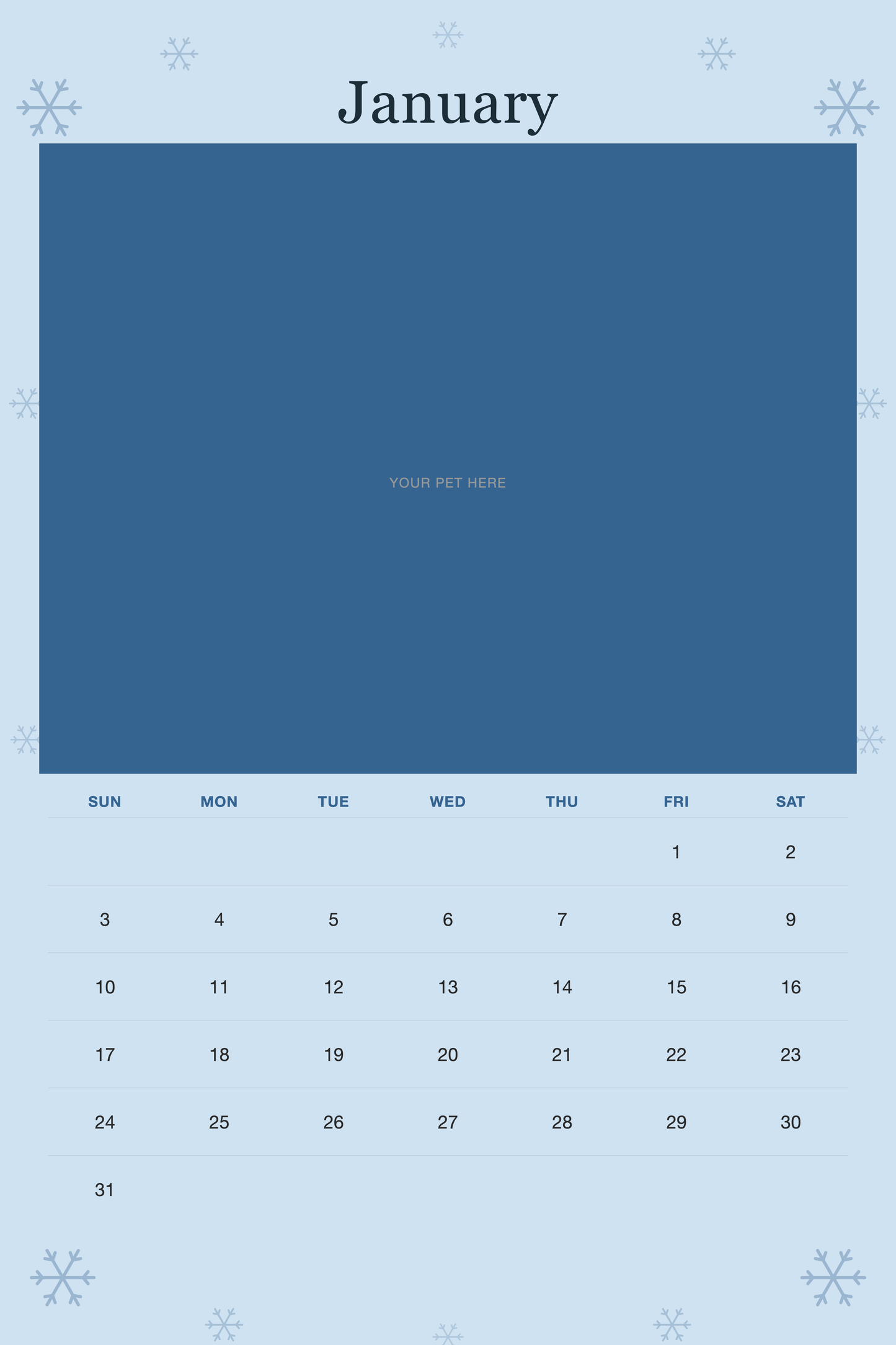 January page of the Personalized Pet Photo Wall Calendar 2027, with a photo area above the date grid