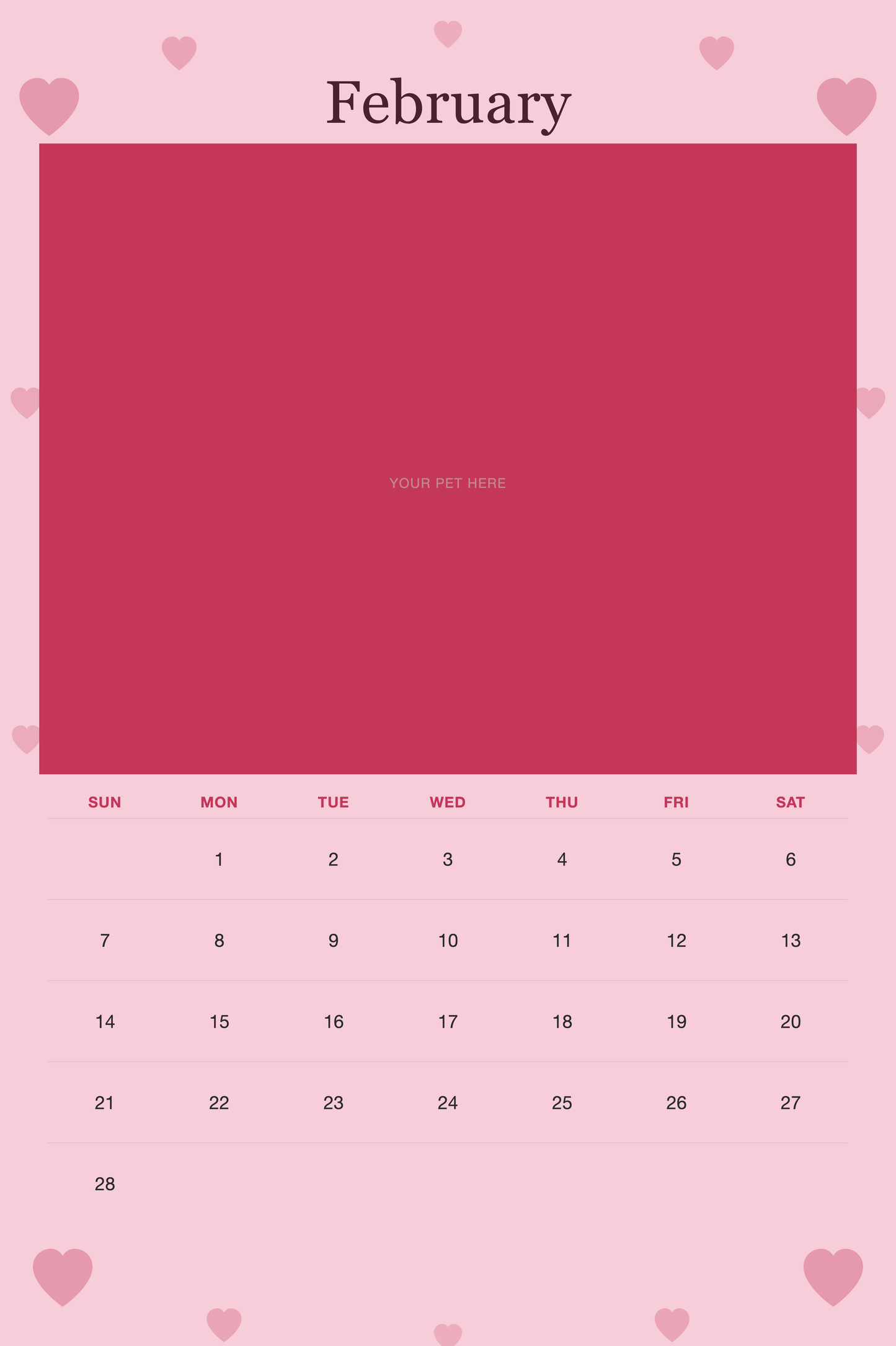 February page of the Personalized Pet Photo Wall Calendar 2027, with a photo area above the date grid