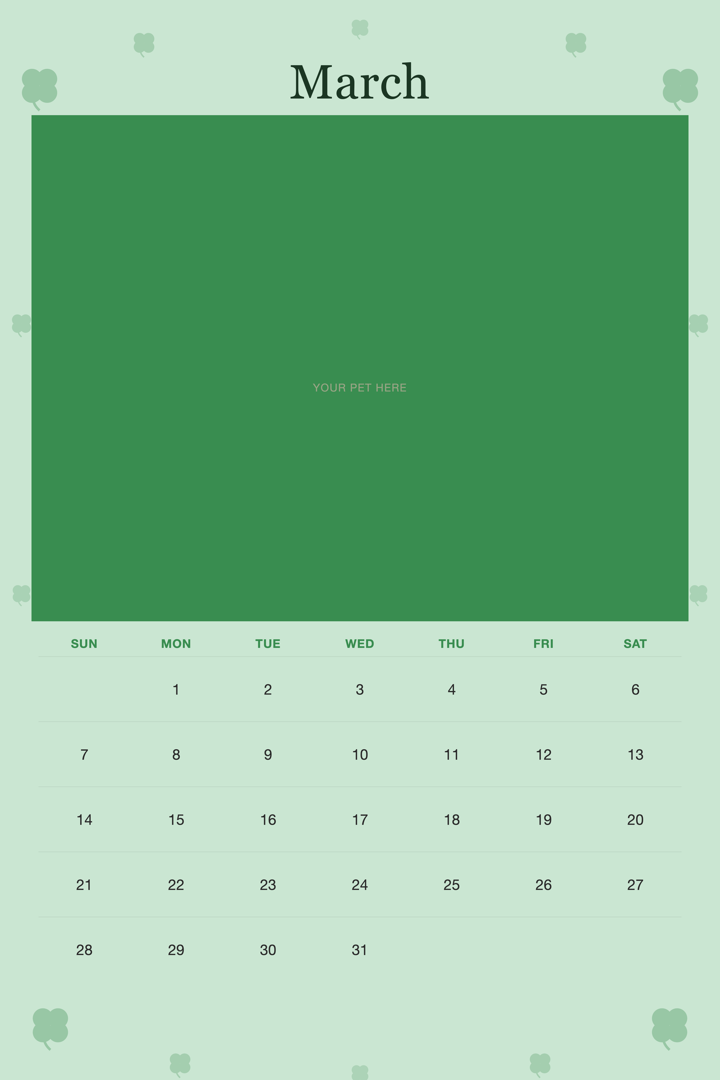 March page of the Personalized Pet Photo Wall Calendar 2027, with a photo area above the date grid