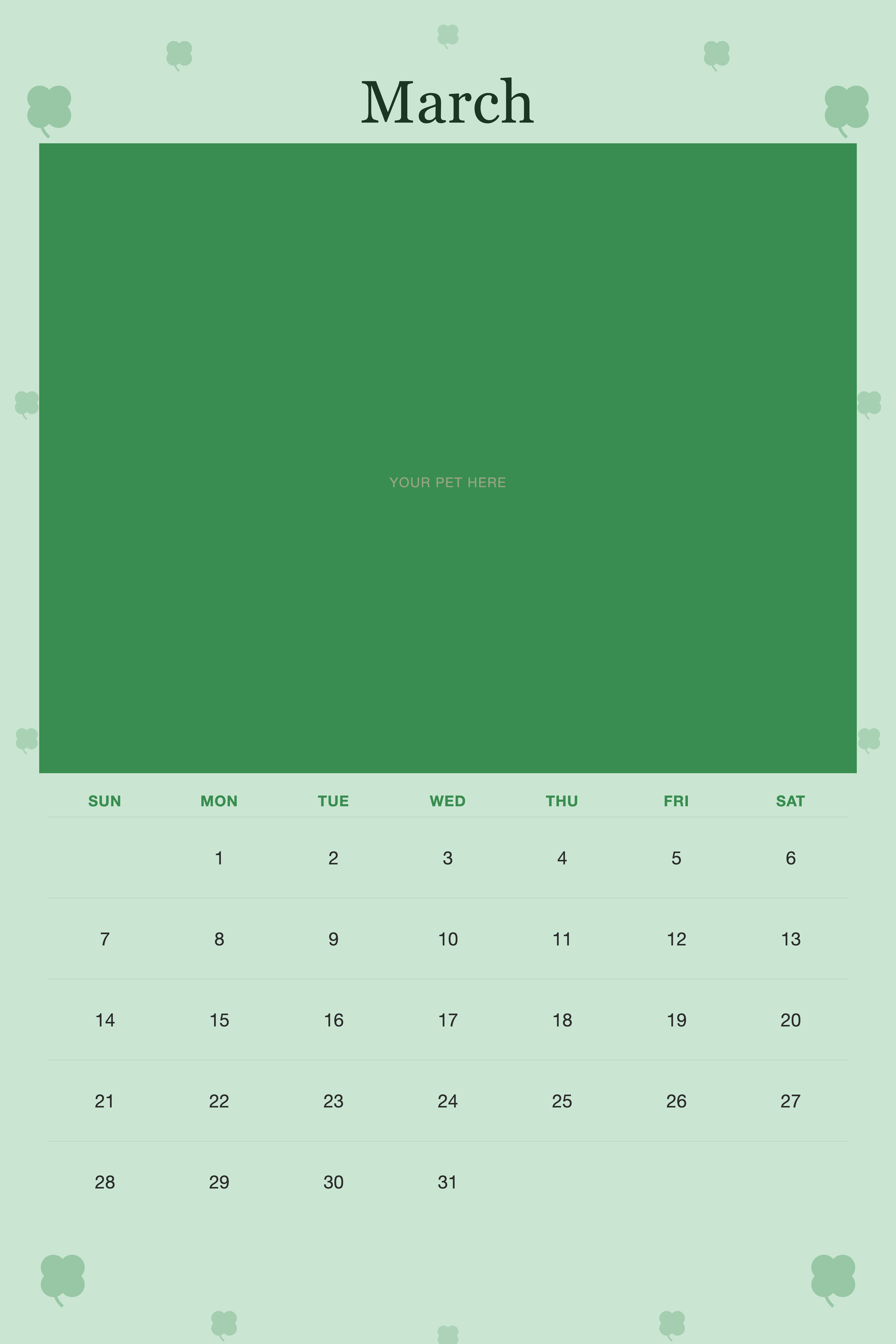 March page of the Personalized Pet Photo Wall Calendar 2027, with a photo area above the date grid