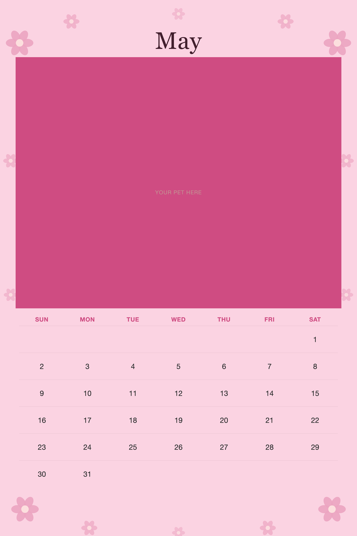 May page of the Personalized Pet Photo Wall Calendar 2027, with a photo area above the date grid