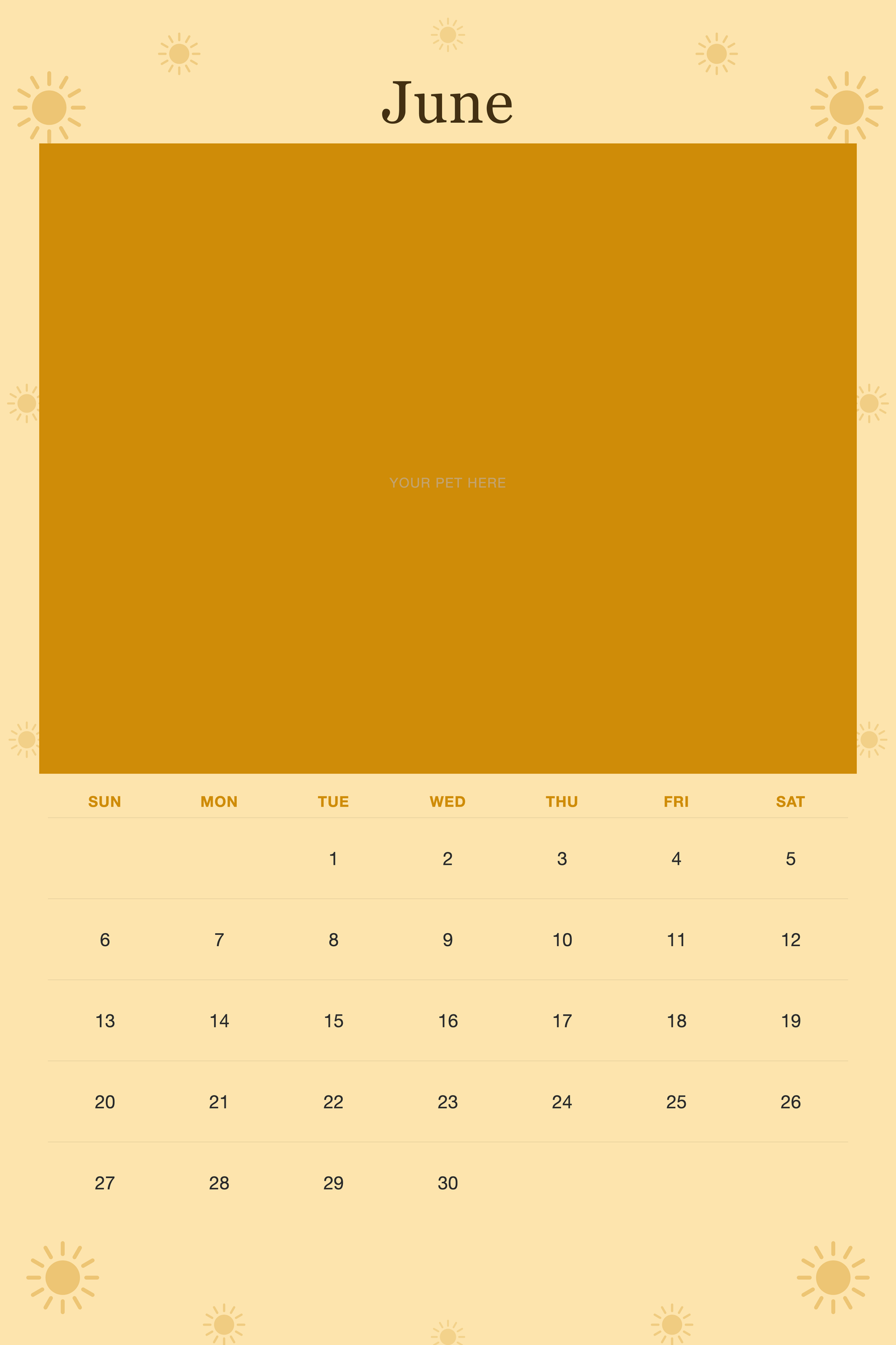 June page of the Personalized Pet Photo Wall Calendar 2027, with a photo area above the date grid