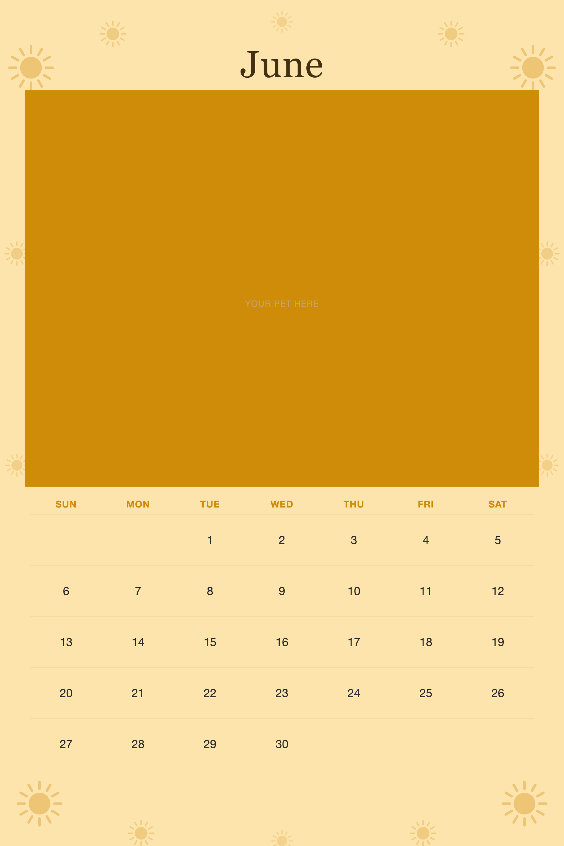 June page of the Personalized Pet Photo Wall Calendar 2027, with a photo area above the date grid