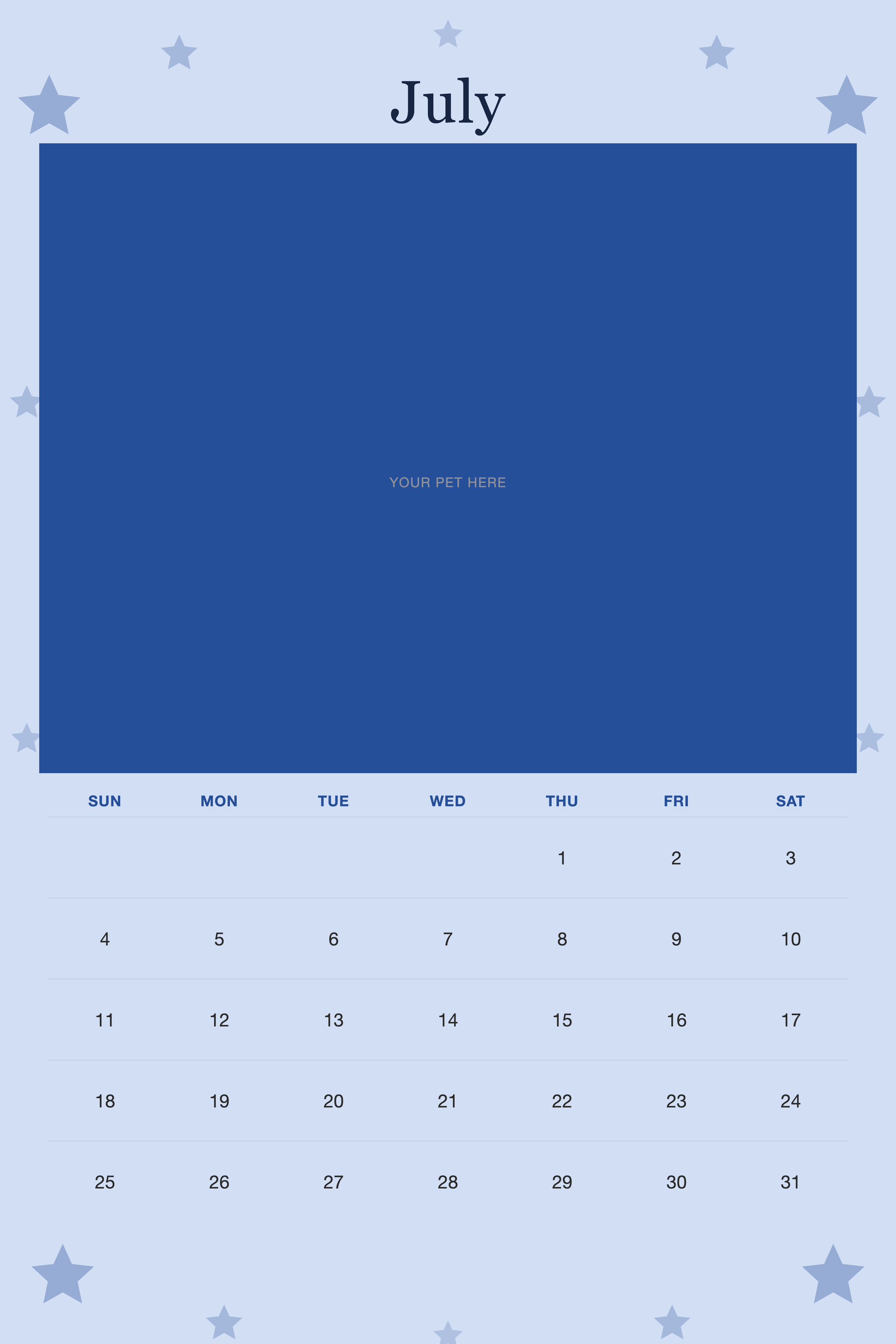 July page of the Personalized Pet Photo Wall Calendar 2027, with a photo area above the date grid