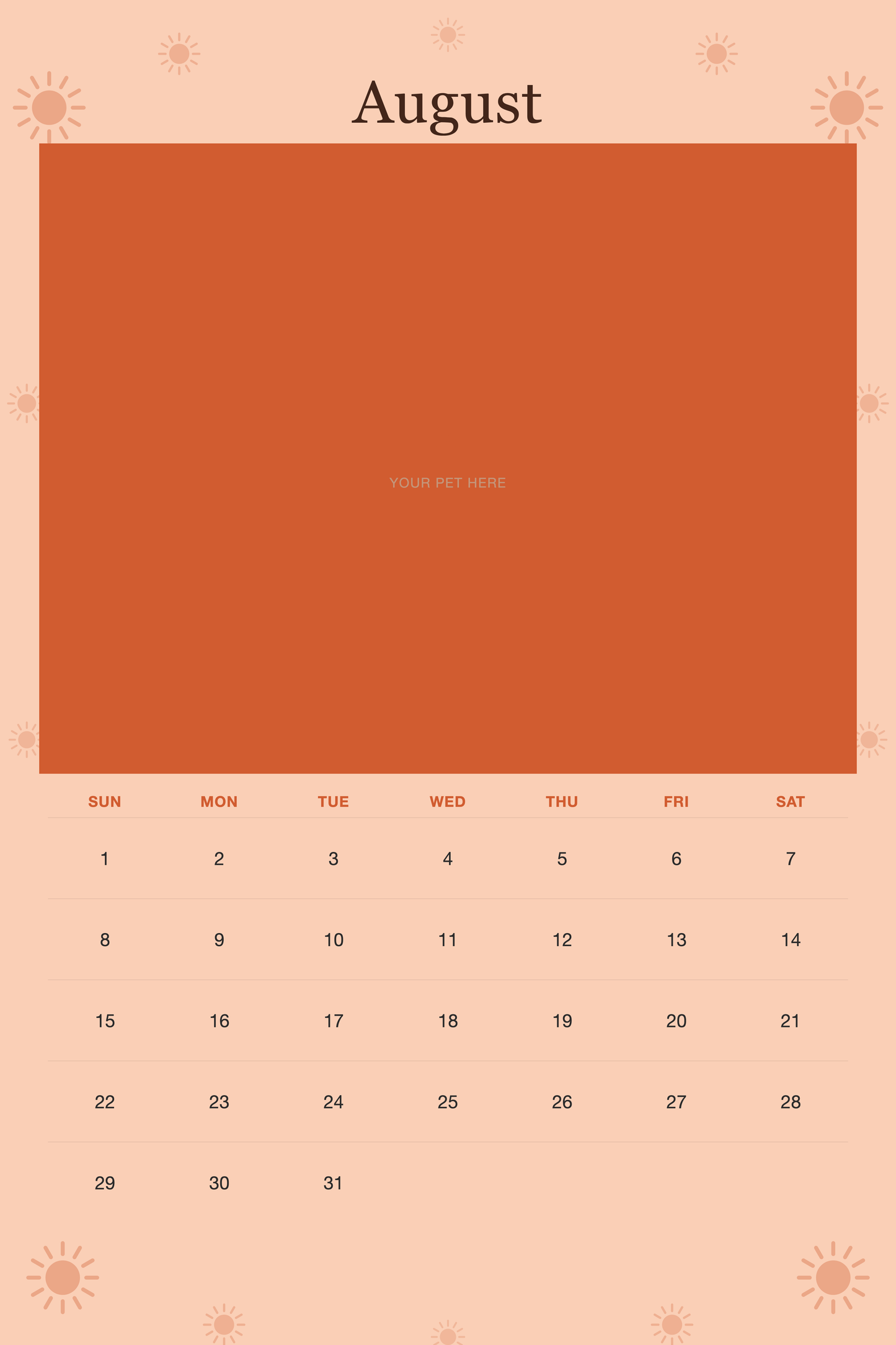 August page of the Personalized Pet Photo Wall Calendar 2027, with a photo area above the date grid
