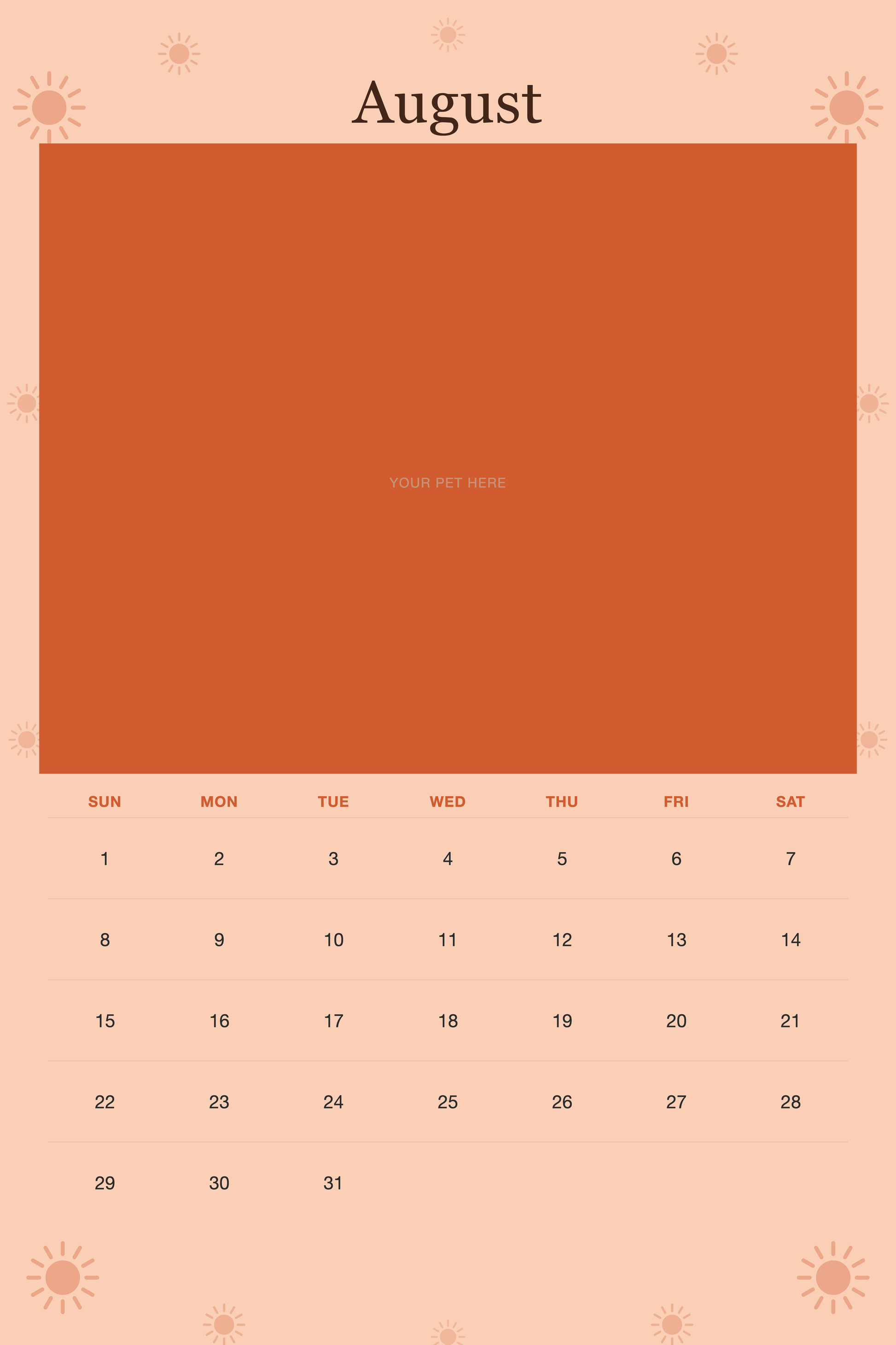 August page of the Personalized Pet Photo Wall Calendar 2027, with a photo area above the date grid