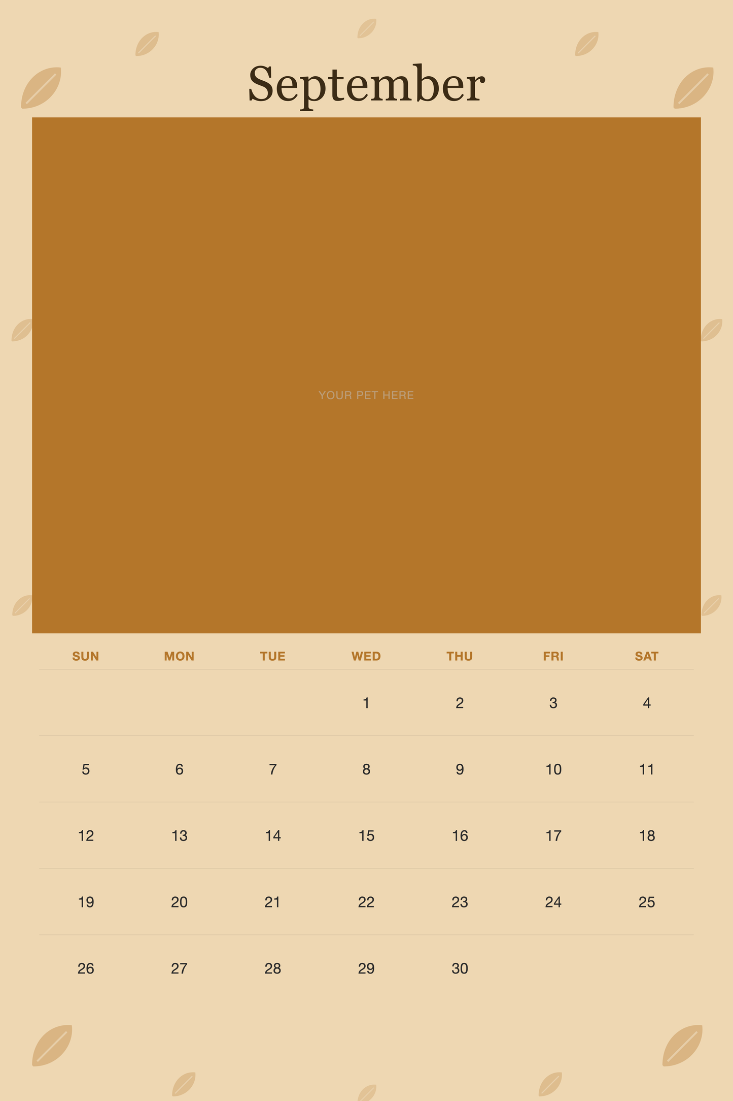 September page of the Personalized Pet Photo Wall Calendar 2027, with a photo area above the date grid