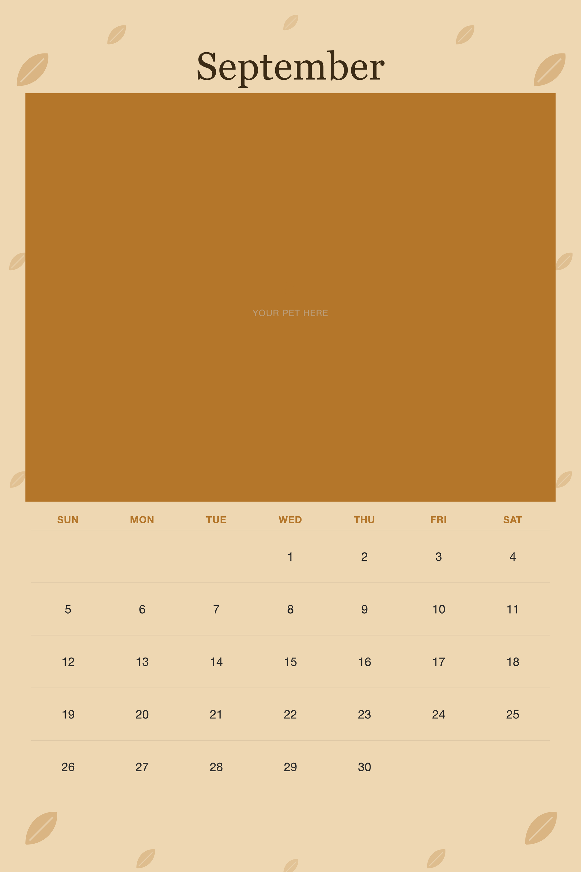 September page of the Personalized Pet Photo Wall Calendar 2027, with a photo area above the date grid