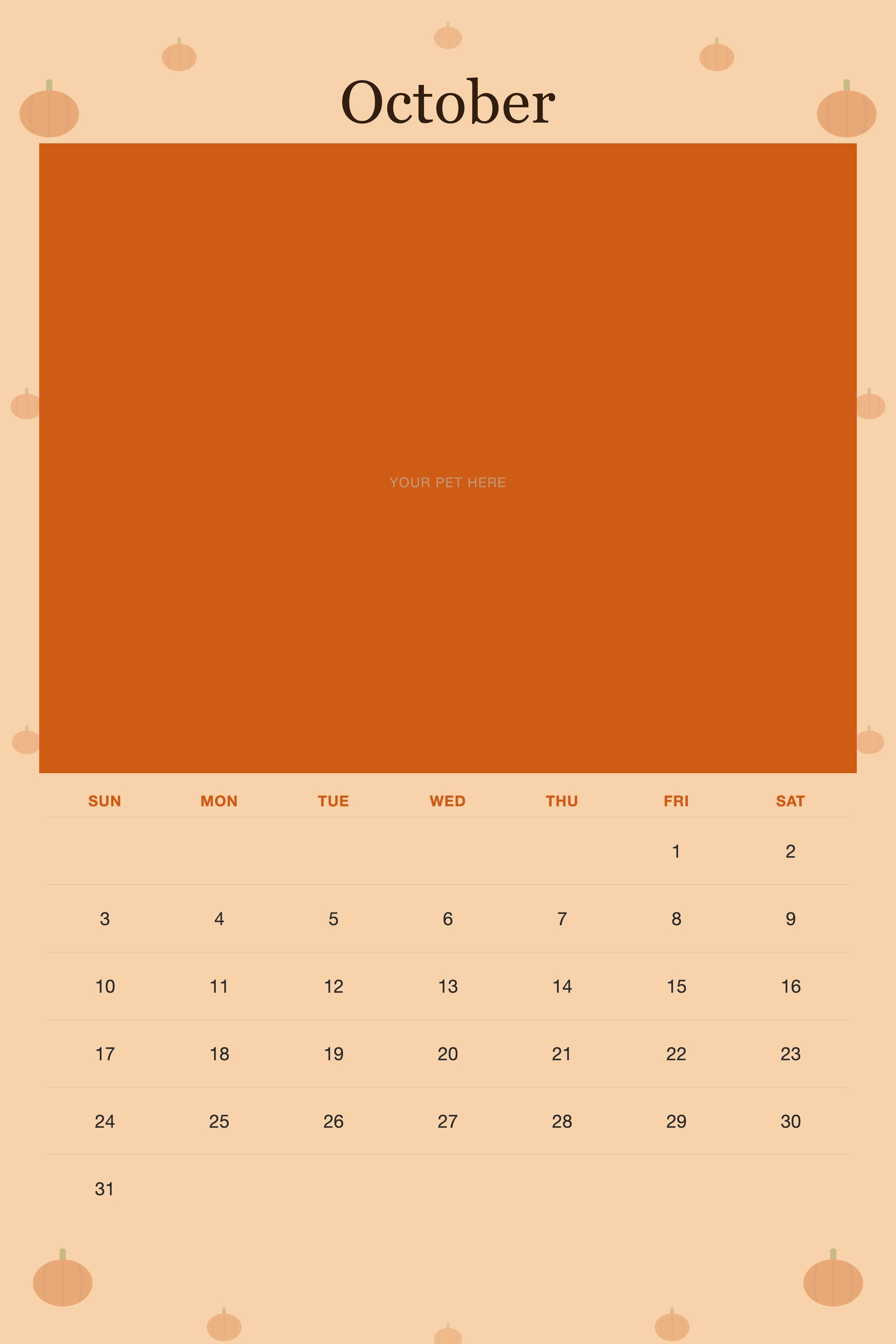 October page of the Personalized Pet Photo Wall Calendar 2027, with a photo area above the date grid