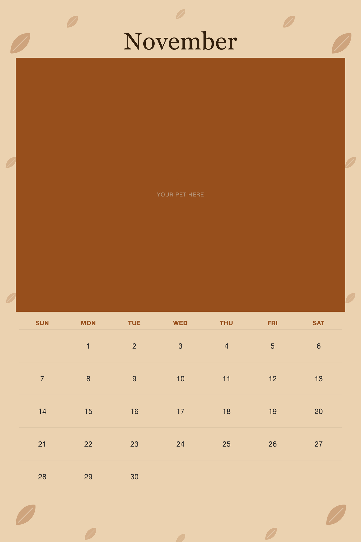November page of the Personalized Pet Photo Wall Calendar 2027, with a photo area above the date grid