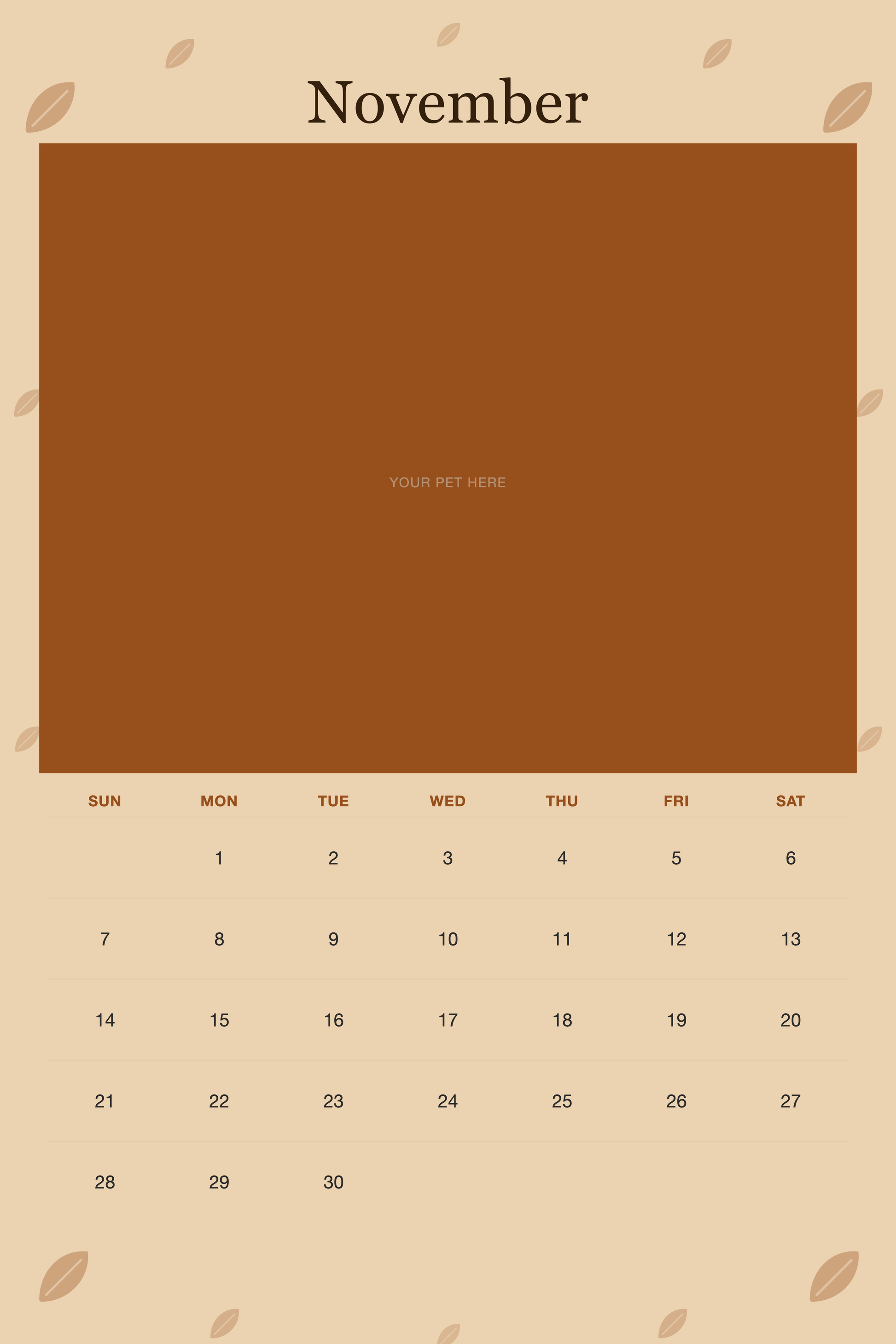 November page of the Personalized Pet Photo Wall Calendar 2027, with a photo area above the date grid